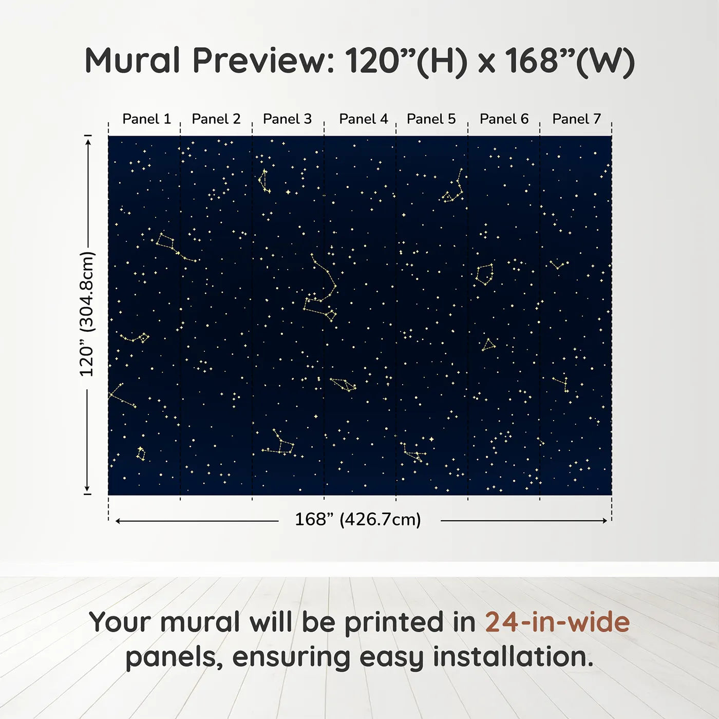 Whimsy Tots Golden Constellation Sky Wall Muraldimension view (120" H x 168" W). Printed in seven 24-inch-wide panels. Gender-Neutral