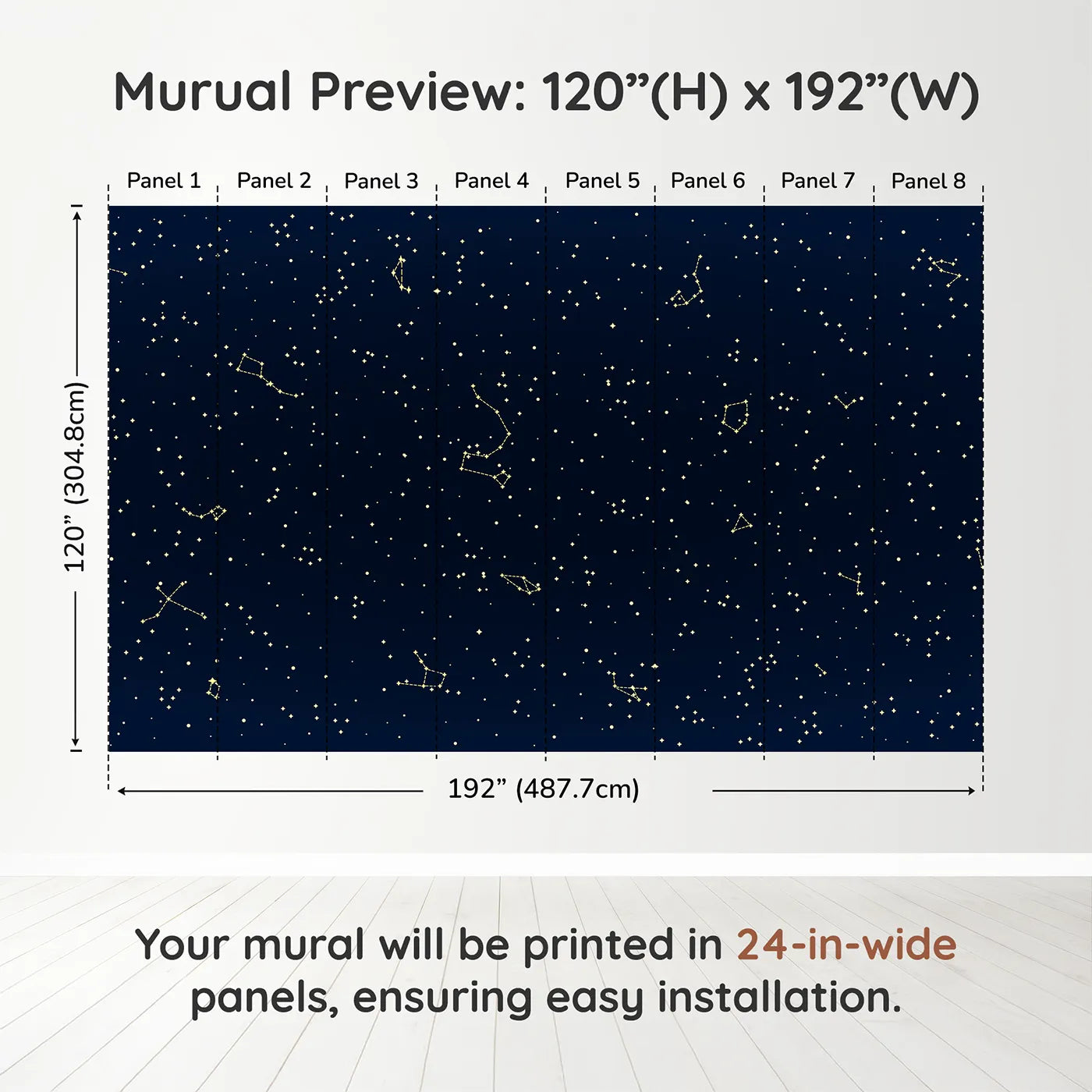 Whimsy Tots Golden Constellation Sky Wall Muraldimension view (120" H x 192" W). Printed in eight 24-inch-wide panels. Gender-Neutral