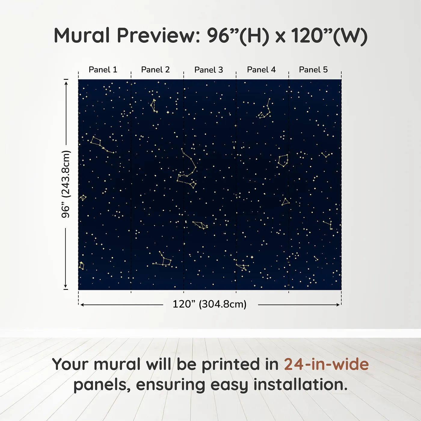 Whimsy Tots Golden Constellation Sky Wall Muraldimension view (96" H x 120" W). Printed in five 24-inch-wide panels. Gender-Neutral
