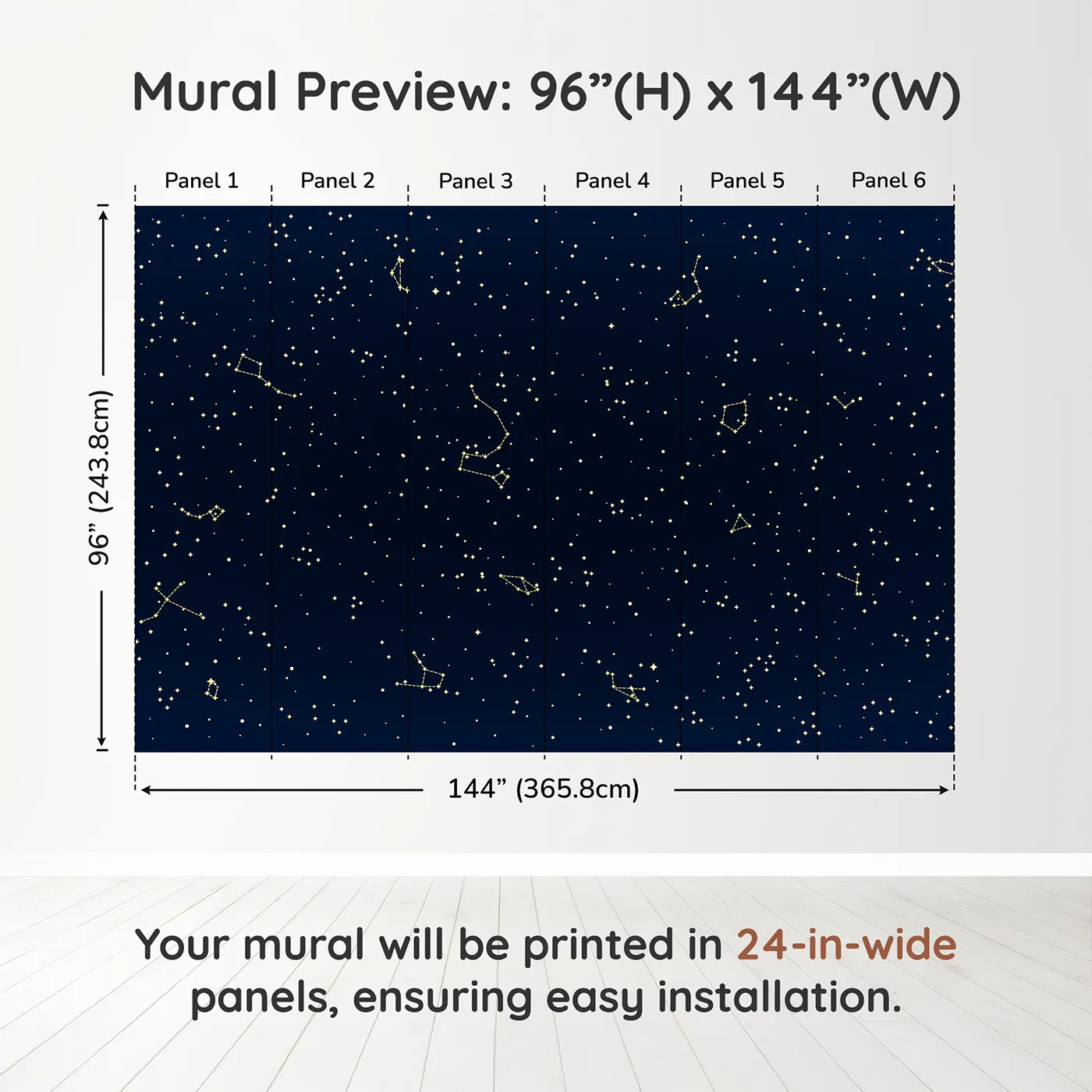 Whimsy Tots Golden Constellation Sky Wall Muraldimension view (96" H x 144" W). Printed in six 24-inch-wide panels. Gender-Neutral