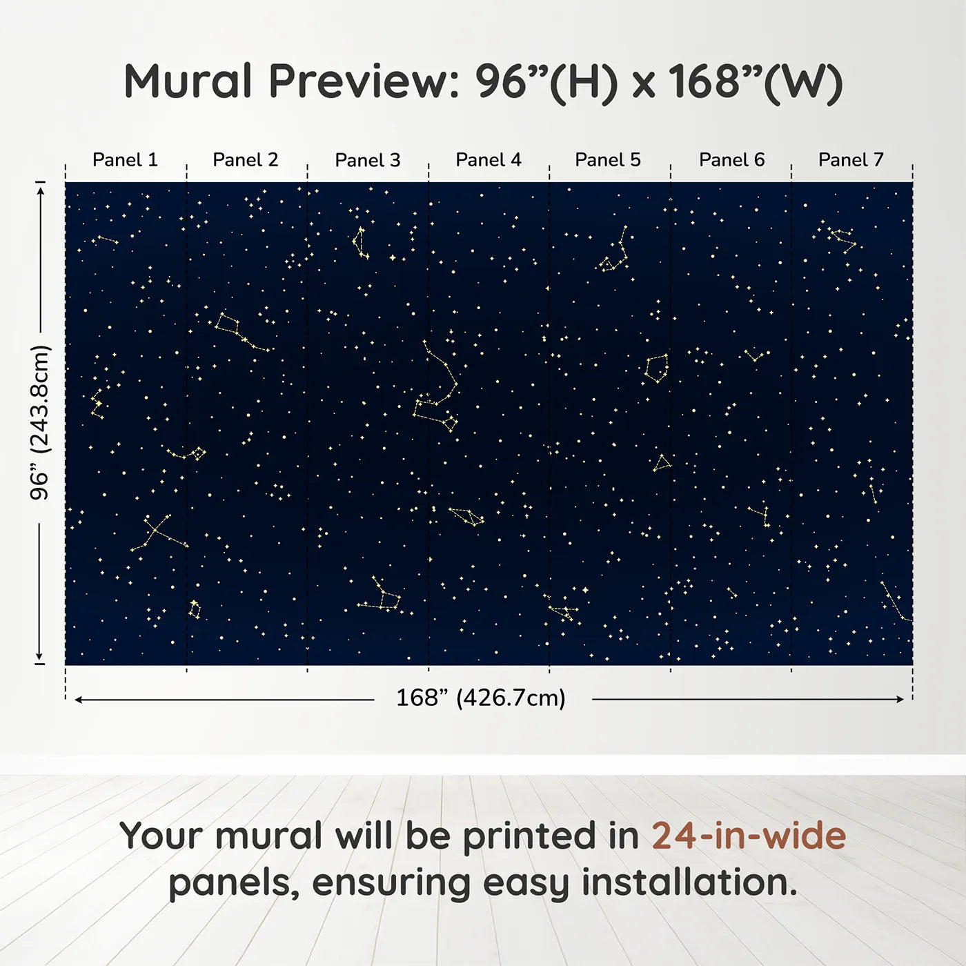 Whimsy Tots Golden Constellation Sky Wall Muraldimension view (96" H x 168" W). Printed in seven 24-inch-wide panels. Gender-Neutral