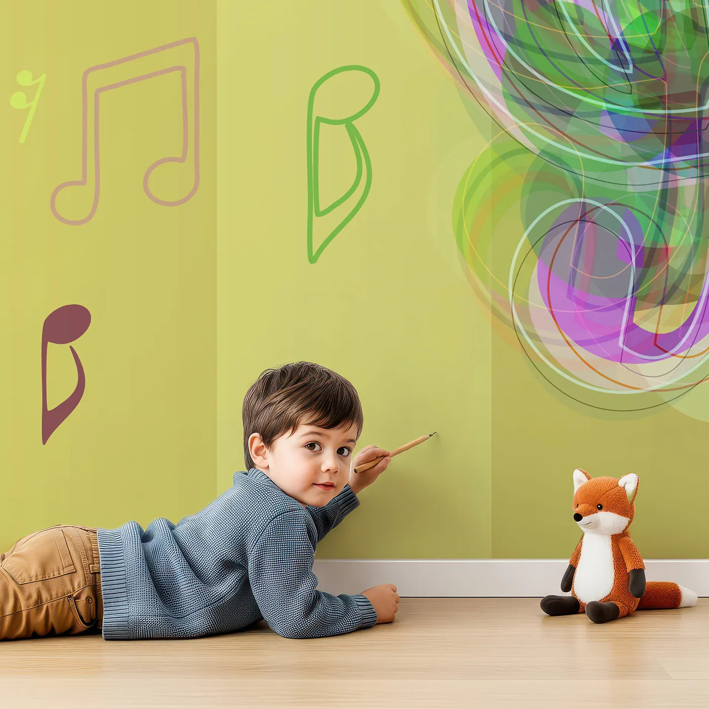 Child in front of Whimsy Tots Abstract Music Notes Wall Mural with music, note, colorful, rainbow, abstract, treble clef, vibrant, fun in design.
