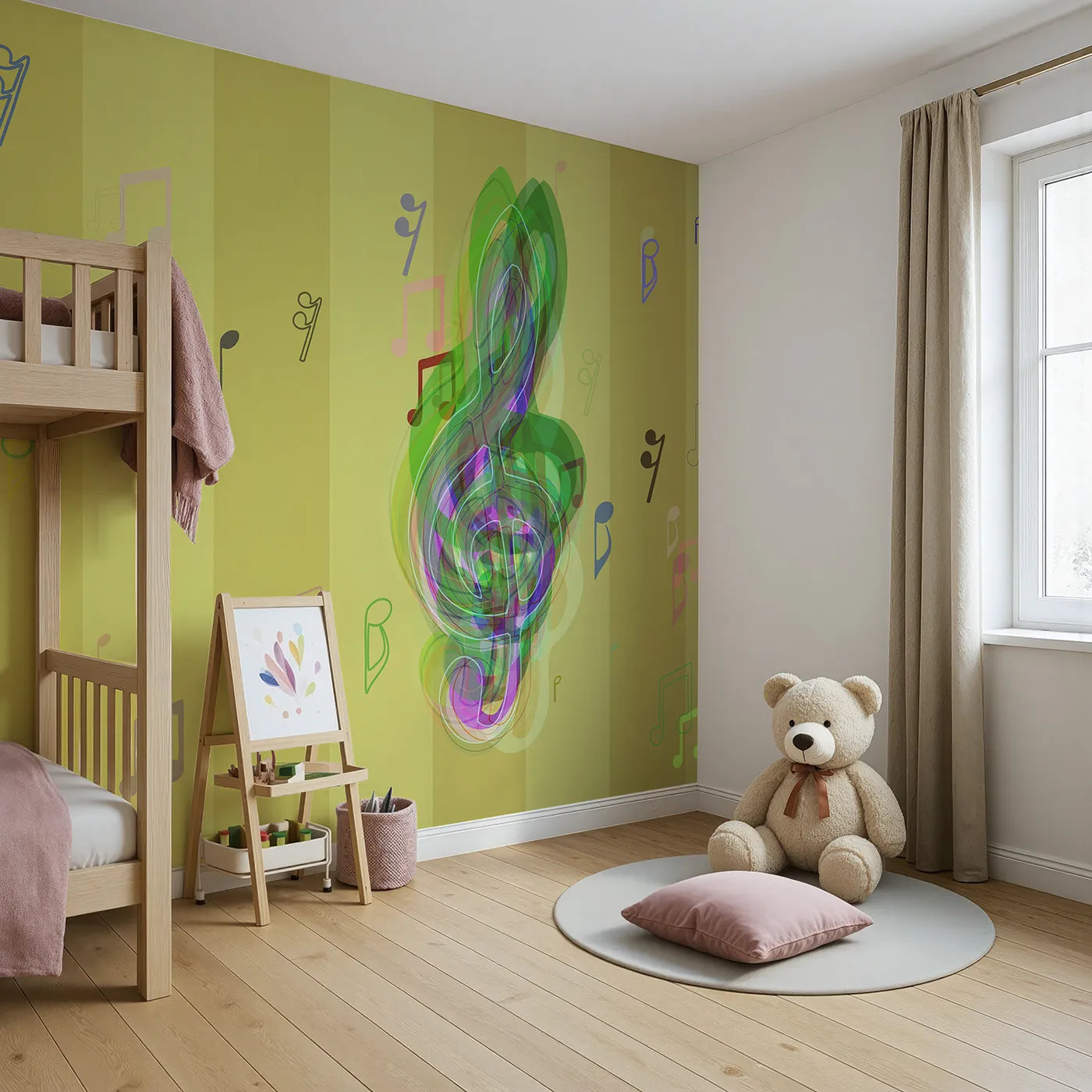 Angled view of Whimsy Tots' Abstract Music Notes Wall Mural (Turn Their Room into a Vibrant, Joyful Symphony).Gender-Neutral
