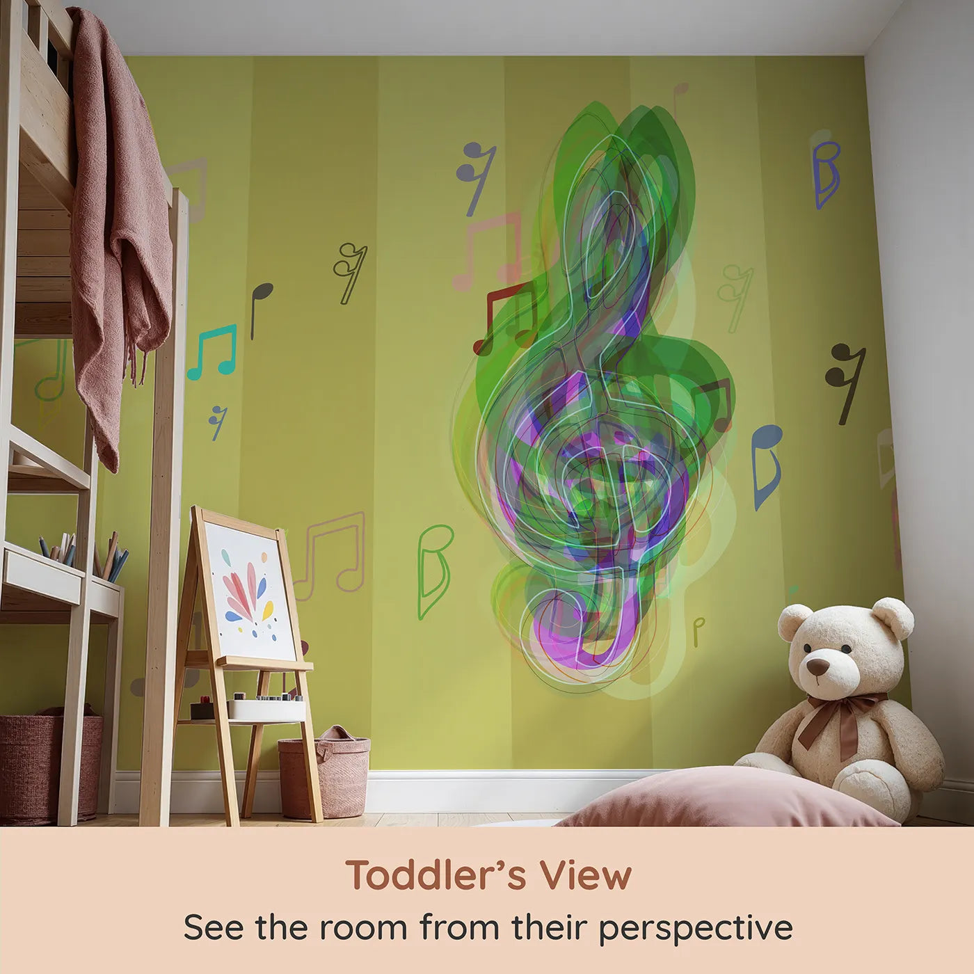 Whimsy Tots Abstract Music Notes Wall Mural (Turn Their Room into a Vibrant, Joyful Symphony) from your child's view.Gender-Neutral