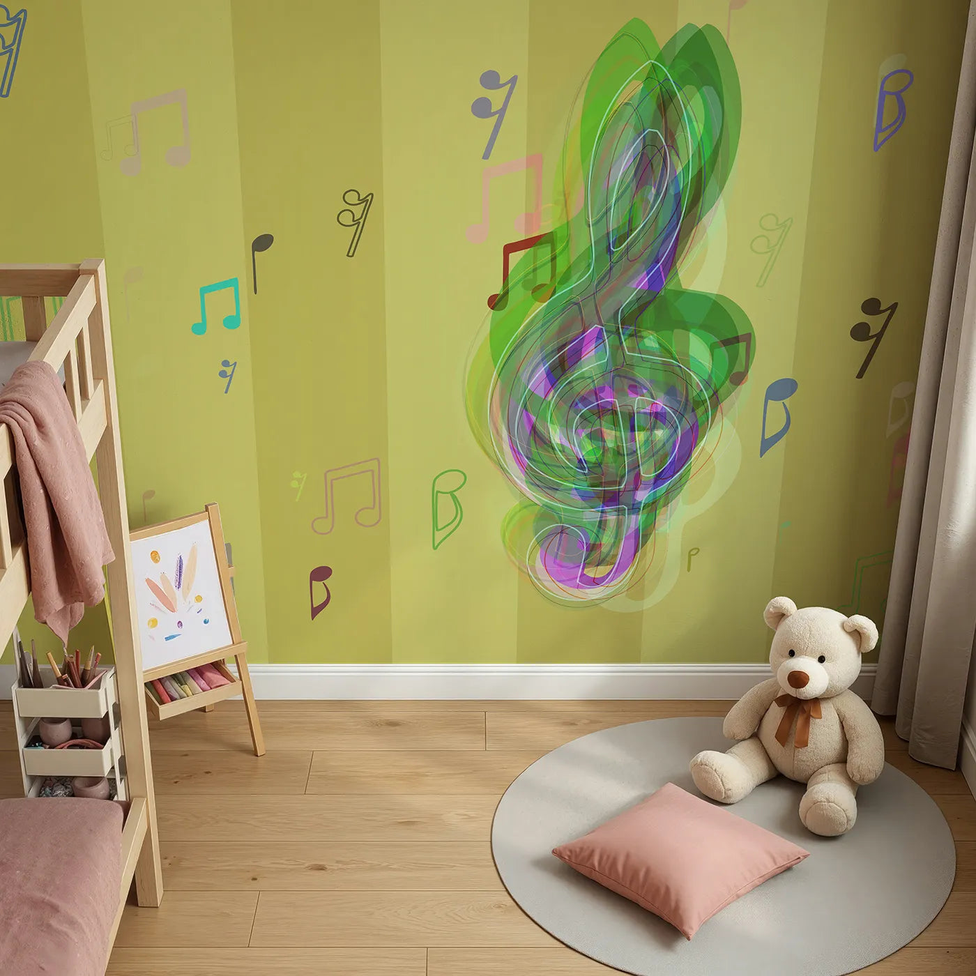 Top-down view of Whimsy Tots' Abstract Music Notes Wall Mural (Turn Their Room into a Vibrant, Joyful Symphony).Gender-Neutral