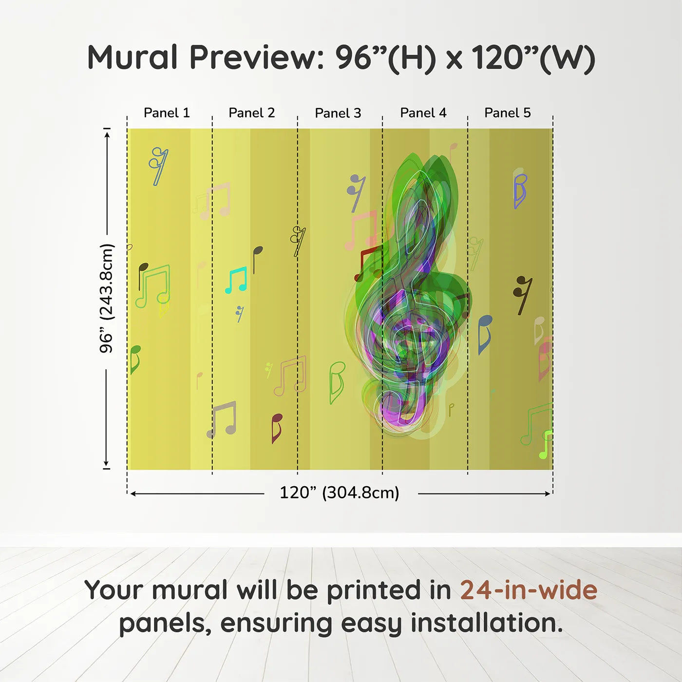 Whimsy Tots Abstract Music Notes Wall Muraldimension view (96" H x 120" W). Printed in five 24-inch-wide panels. Gender-Neutral