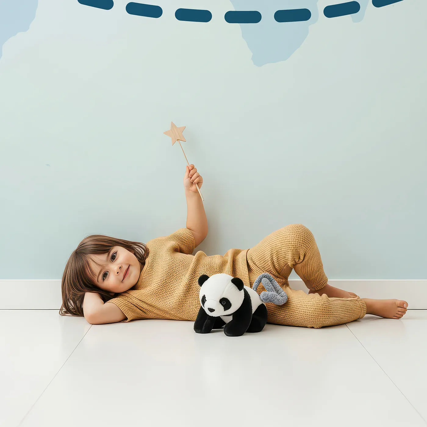 Child in front of Whimsy Tots World Traveler Wall Mural with map, world, airplane, travel, educational, cartoon, flight path, simple in design.
