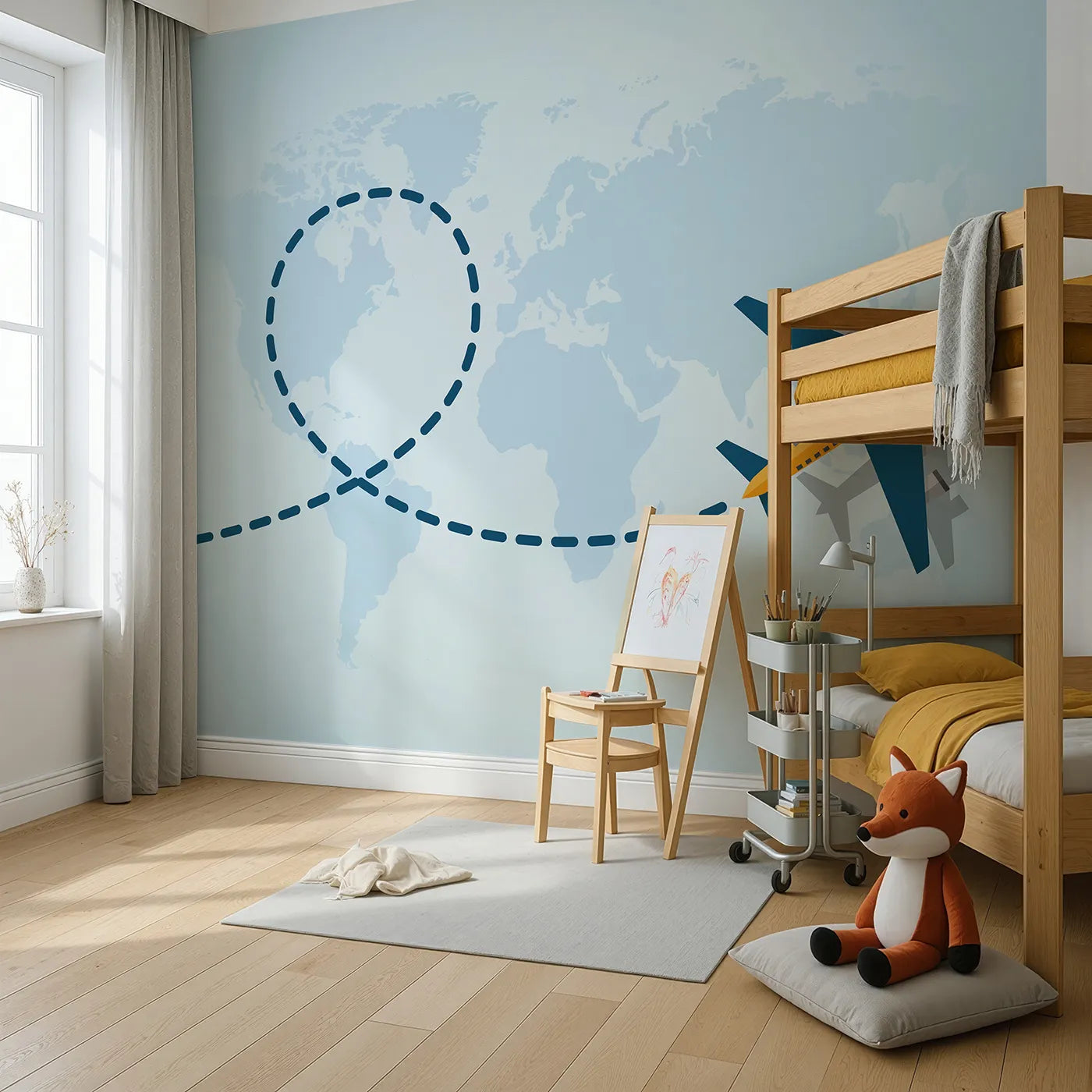 Angled view of Whimsy Tots' World Traveler Wall Mural (Turn Their Room into a High-Flying Global Adventure).Gender-Neutral