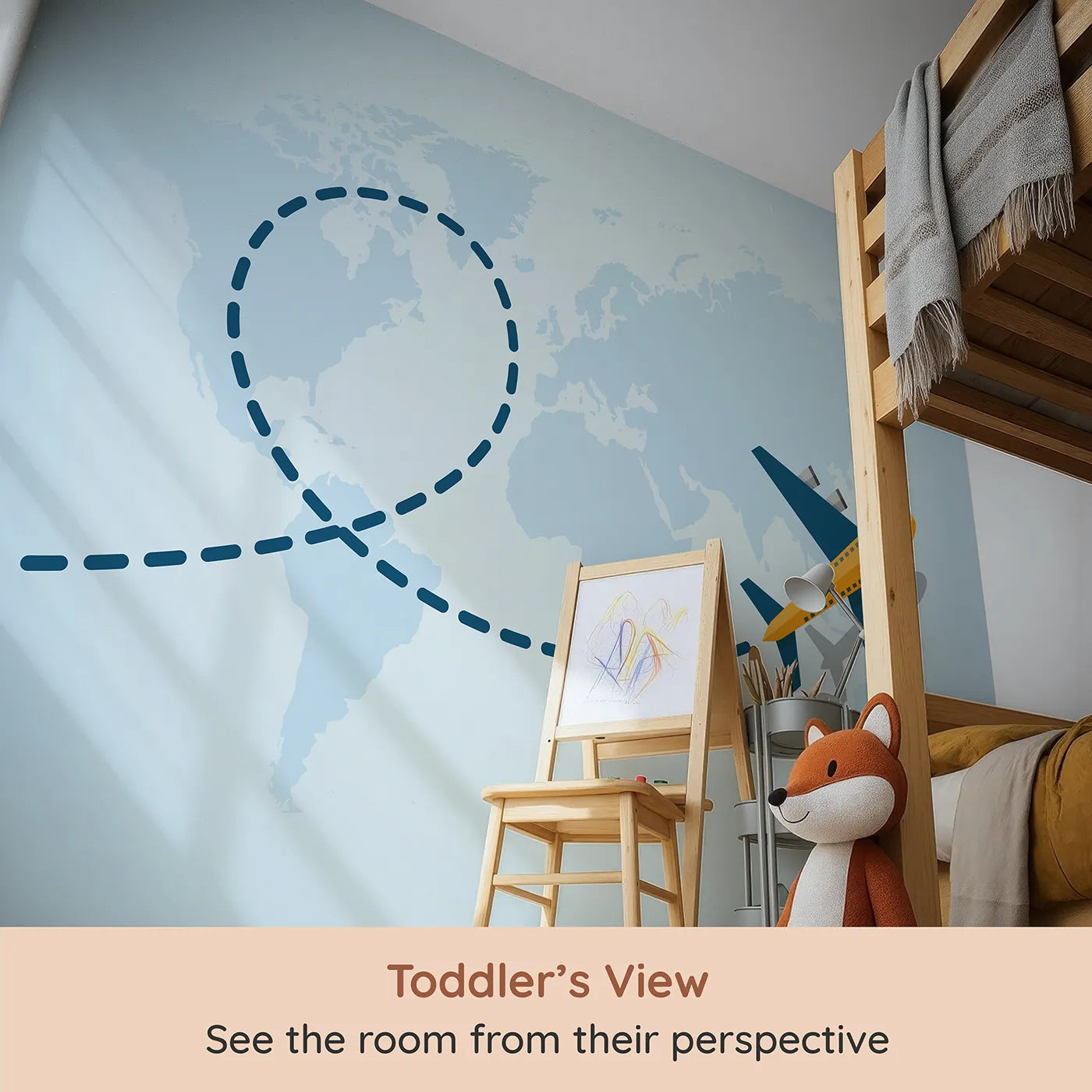Whimsy Tots World Traveler Wall Mural (Turn Their Room into a High-Flying Global Adventure) from your child's view.Gender-Neutral