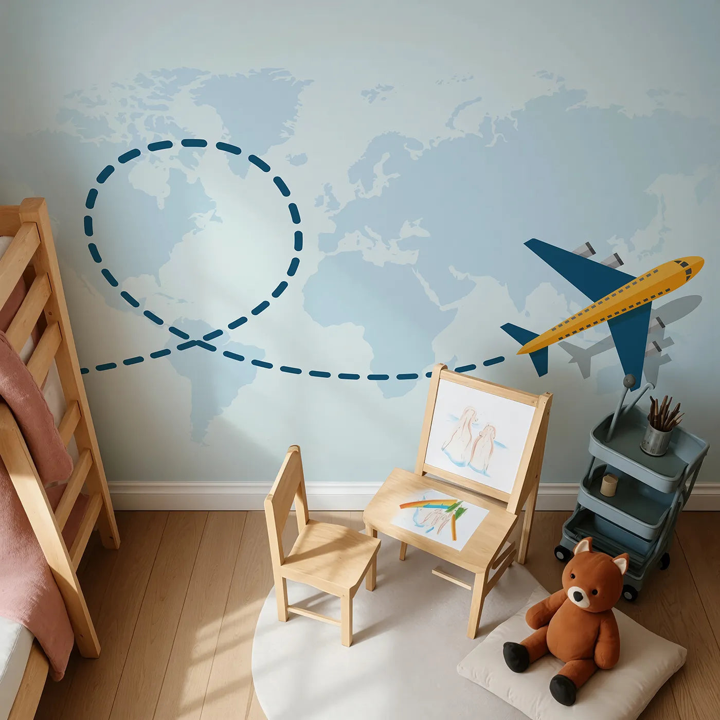 Top-down view of Whimsy Tots' World Traveler Wall Mural (Turn Their Room into a High-Flying Global Adventure).Gender-Neutral