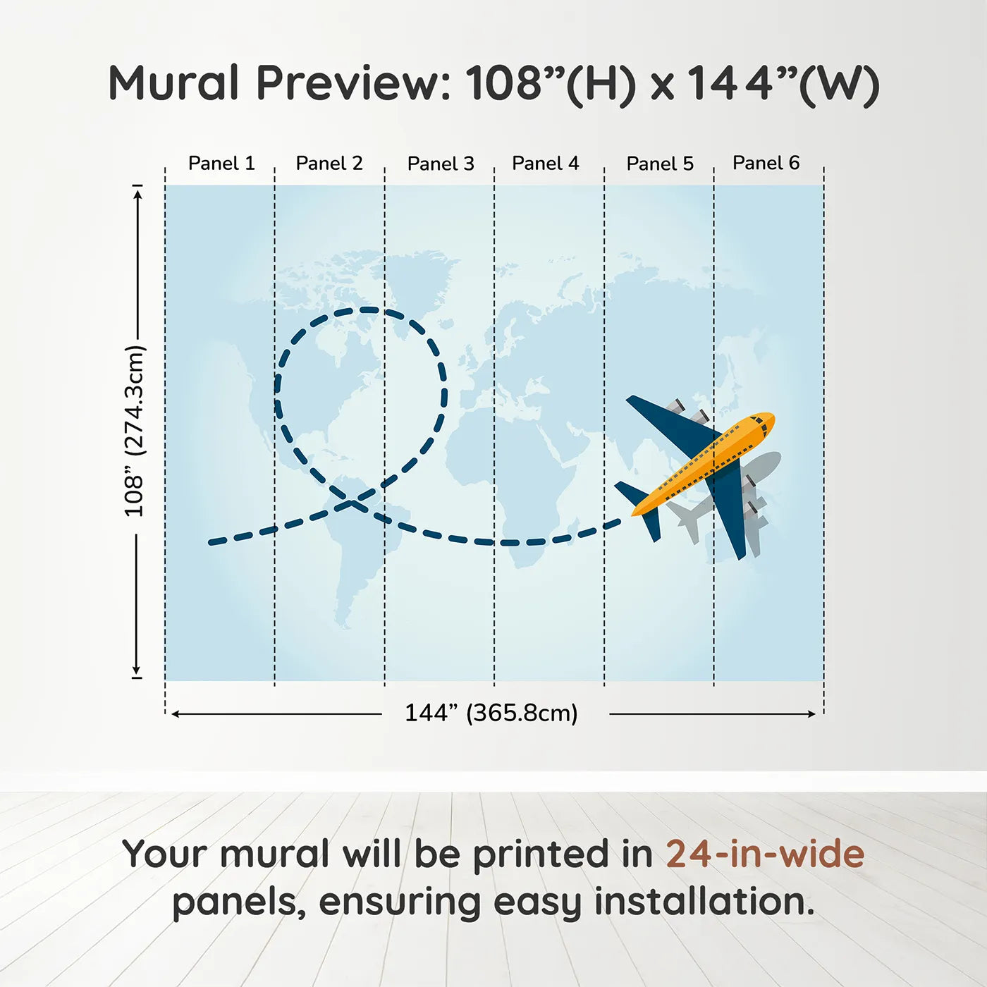 Whimsy Tots World Traveler Wall Muraldimension view (108" H x 144" W). Printed in six 24-inch-wide panels. Gender-Neutral