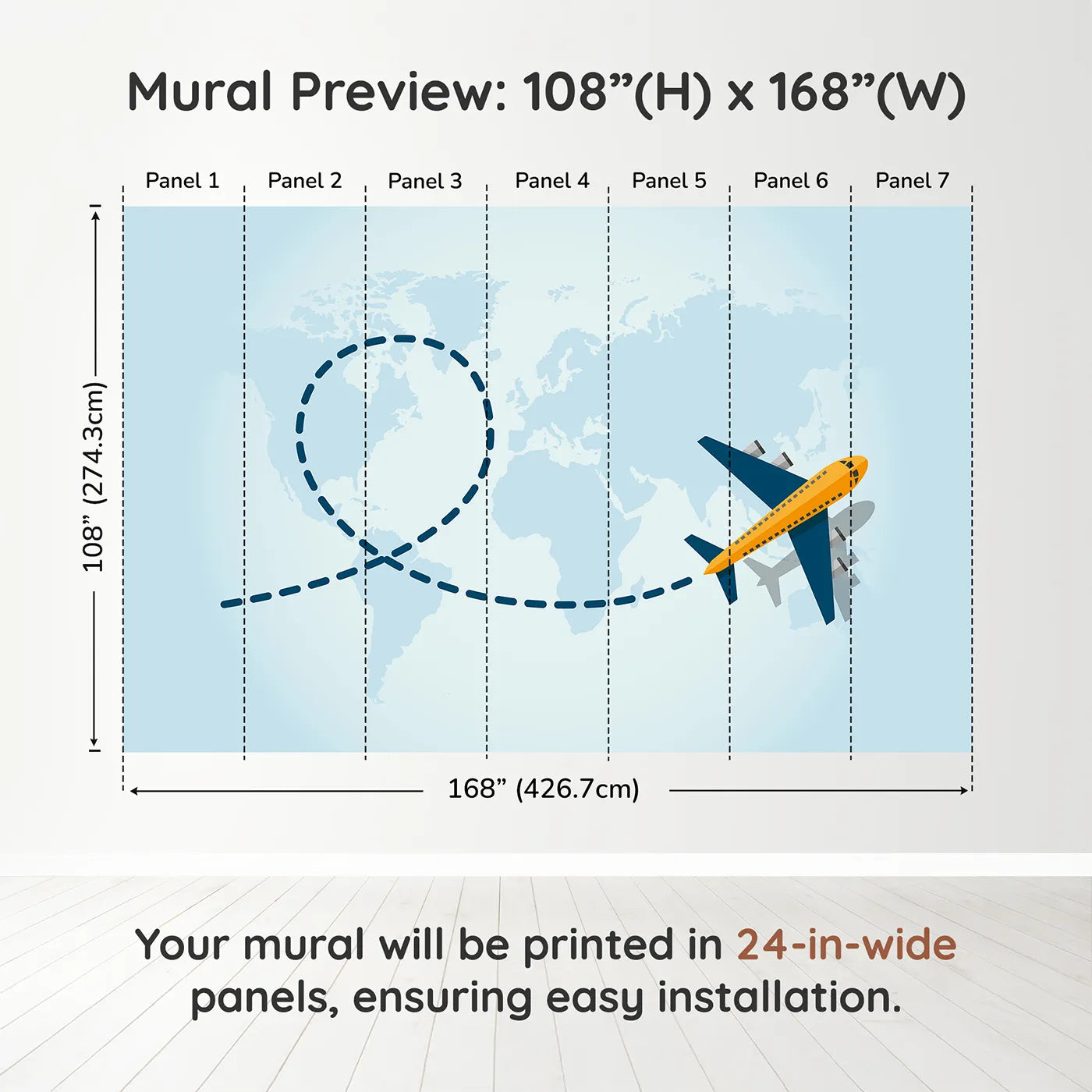 Whimsy Tots World Traveler Wall Muraldimension view (108" H x 168" W). Printed in seven 24-inch-wide panels. Gender-Neutral