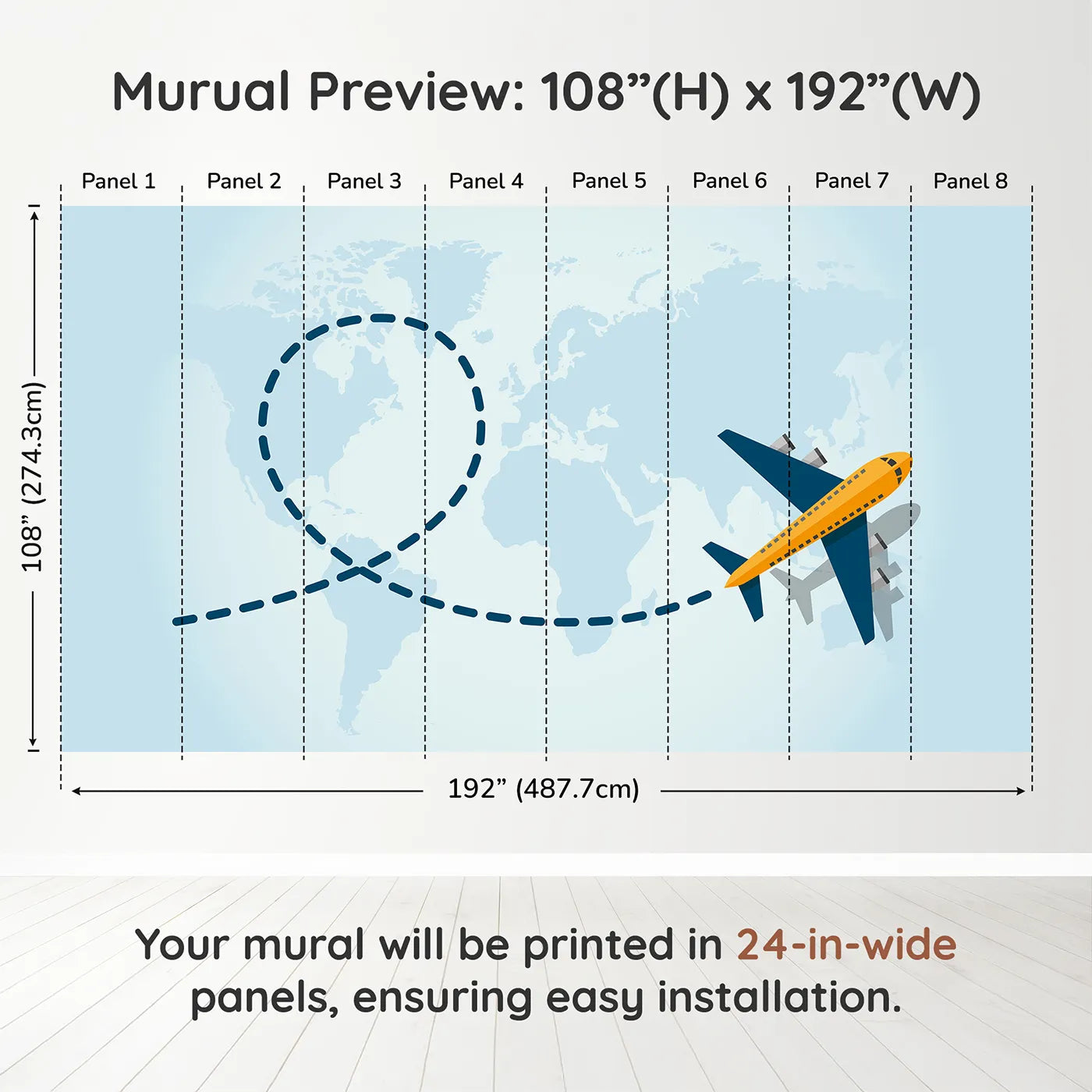 Whimsy Tots World Traveler Wall Muraldimension view (108" H x 192" W). Printed in eight 24-inch-wide panels. Gender-Neutral