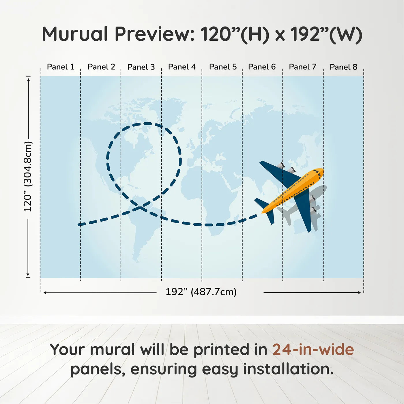 Whimsy Tots World Traveler Wall Muraldimension view (120" H x 192" W). Printed in eight 24-inch-wide panels. Gender-Neutral