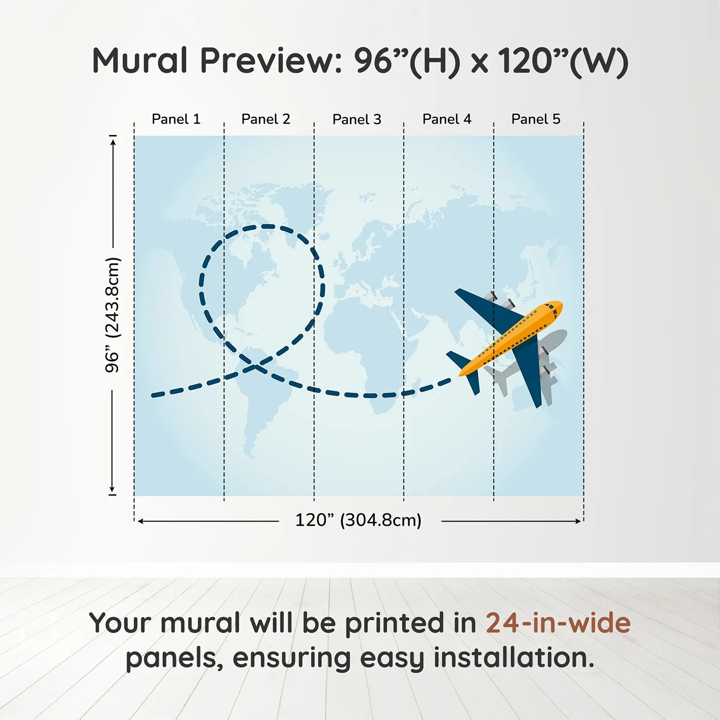 Whimsy Tots World Traveler Wall Muraldimension view (96" H x 120" W). Printed in five 24-inch-wide panels. Gender-Neutral