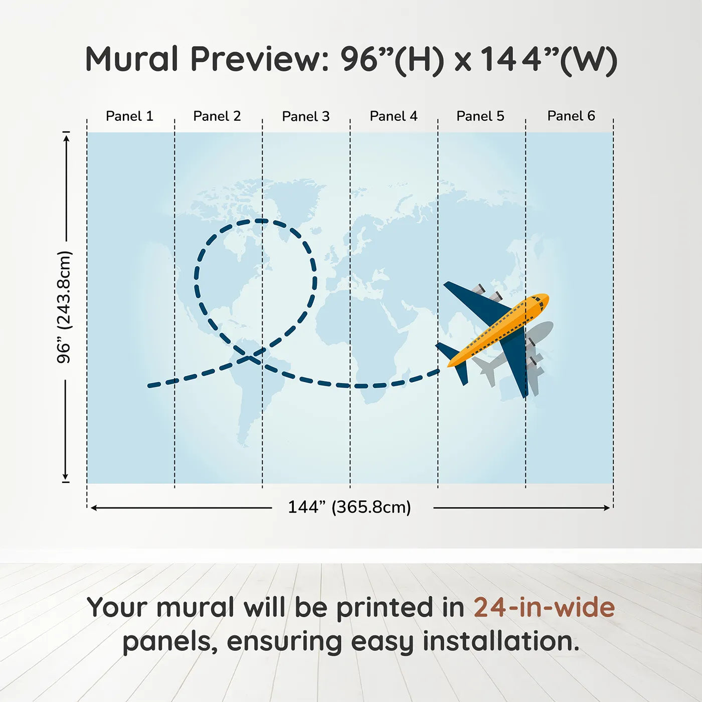 Whimsy Tots World Traveler Wall Muraldimension view (96" H x 144" W). Printed in six 24-inch-wide panels. Gender-Neutral