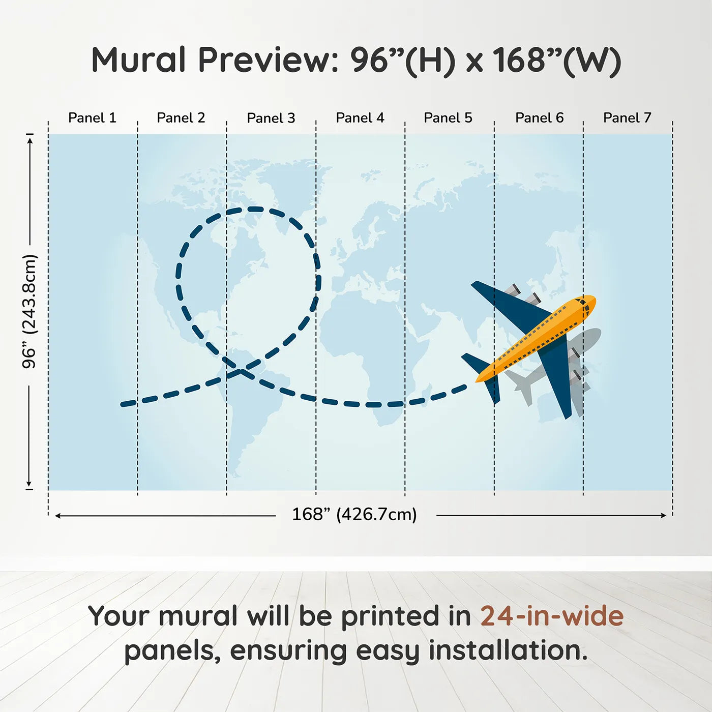 Whimsy Tots World Traveler Wall Muraldimension view (96" H x 168" W). Printed in seven 24-inch-wide panels. Gender-Neutral