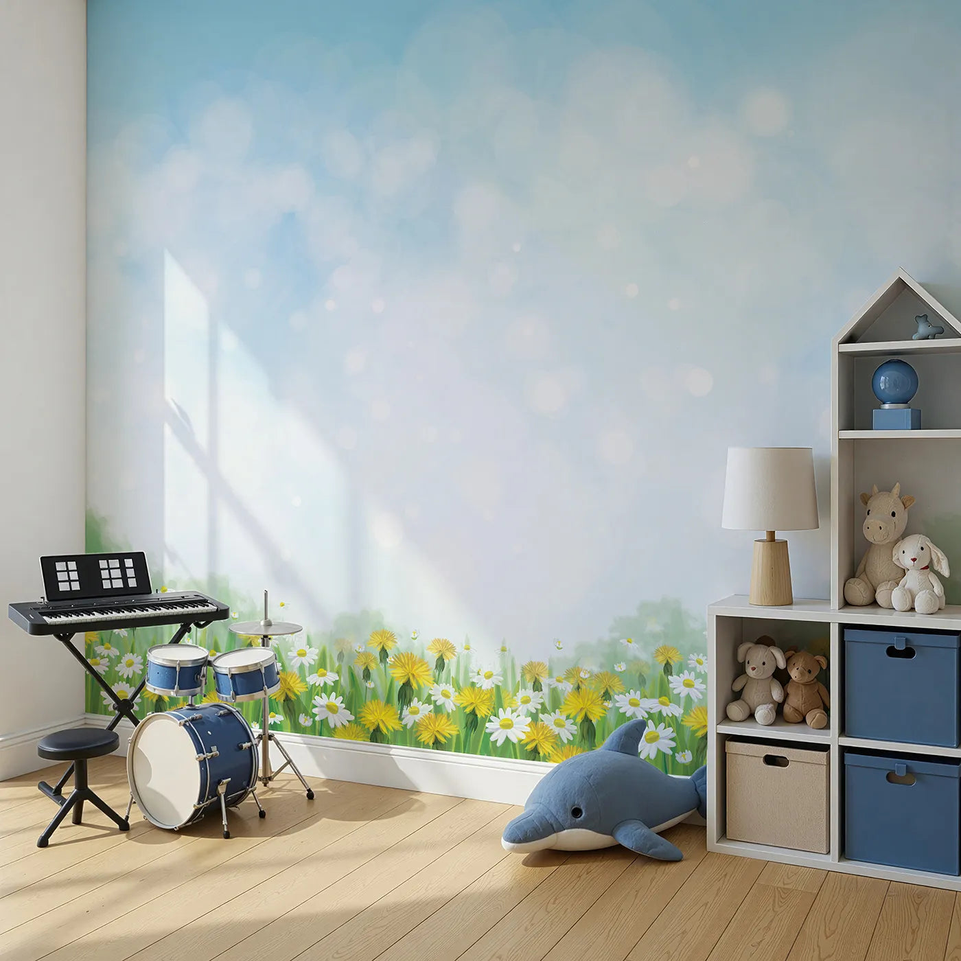 Angled view of Whimsy Tots' Dandelion Wishes Wall Mural in Green (Turn Their Room into a Place to Dream and Grow).Gender-Neutral