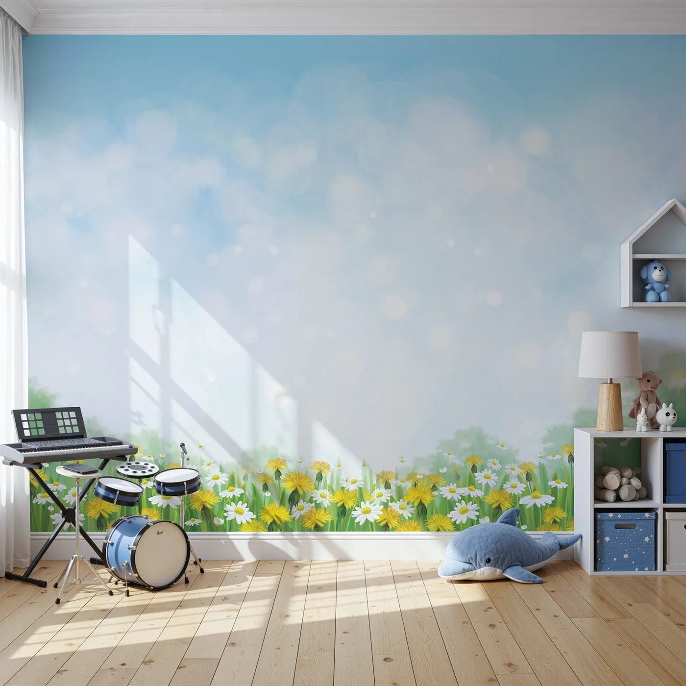 Front view of Whimsy Tots' Dandelion Wishes Wall Mural in Green