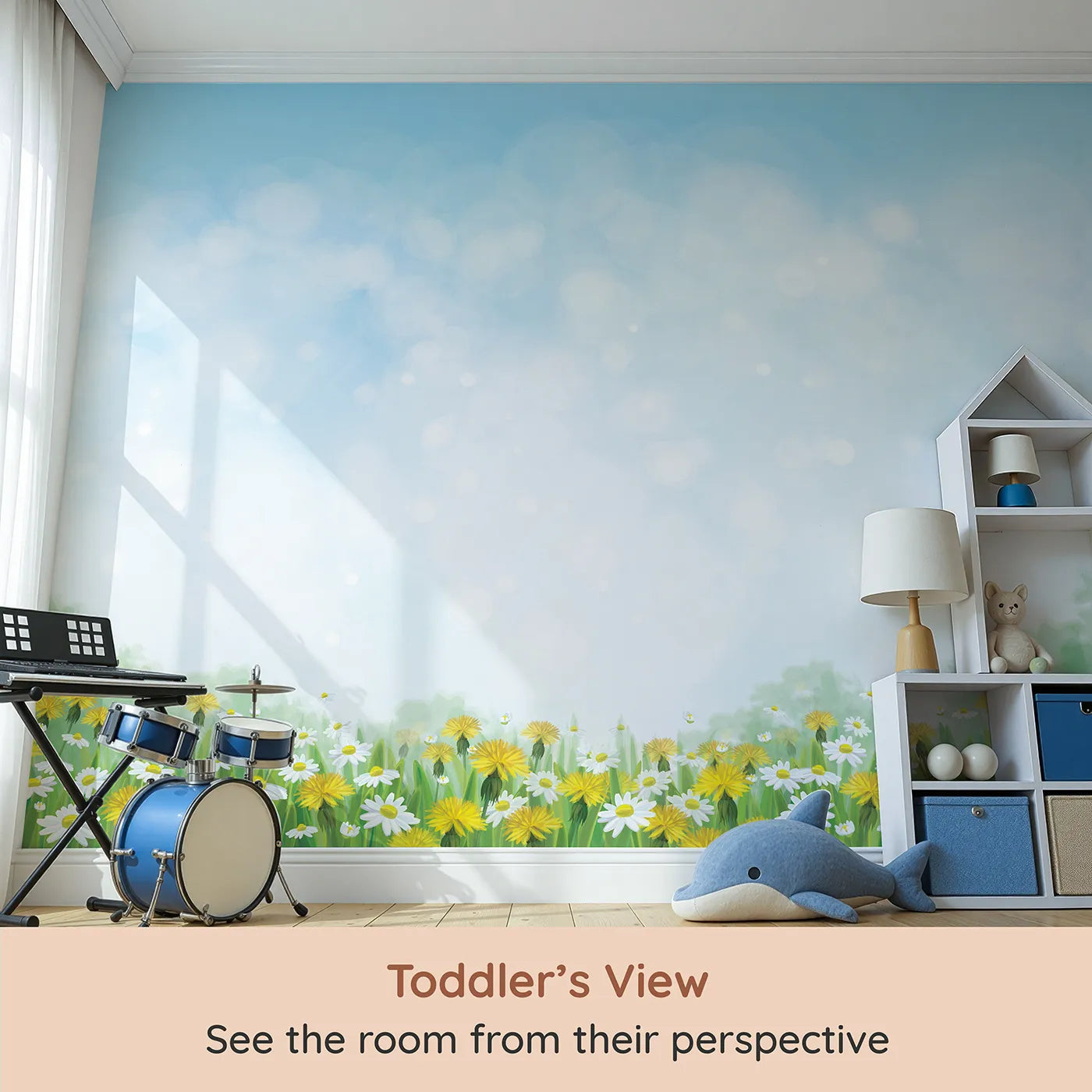 Whimsy Tots Dandelion Wishes Wall Mural in Green (Turn Their Room into a Place to Dream and Grow) from your child's view.Gender-Neutral