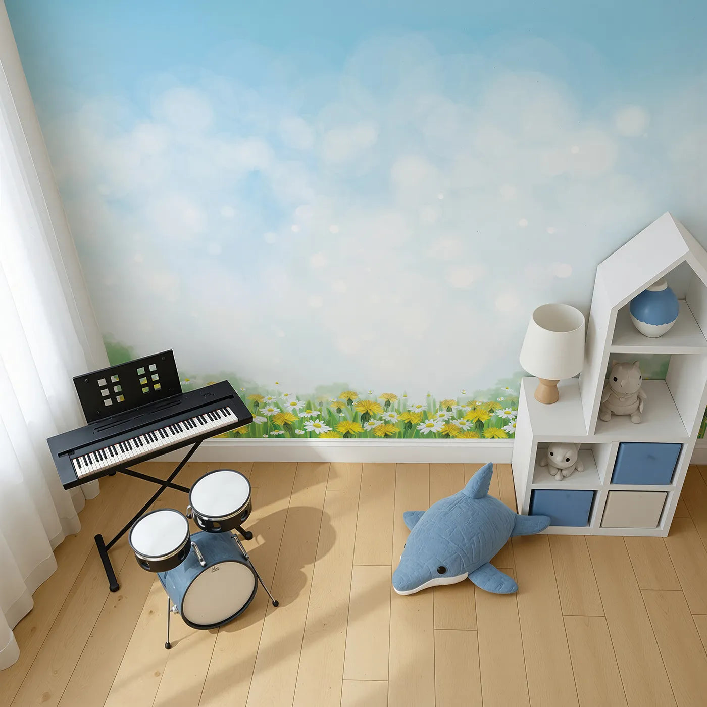 Top-down view of Whimsy Tots' Dandelion Wishes Wall Mural in Green (Turn Their Room into a Place to Dream and Grow).Gender-Neutral