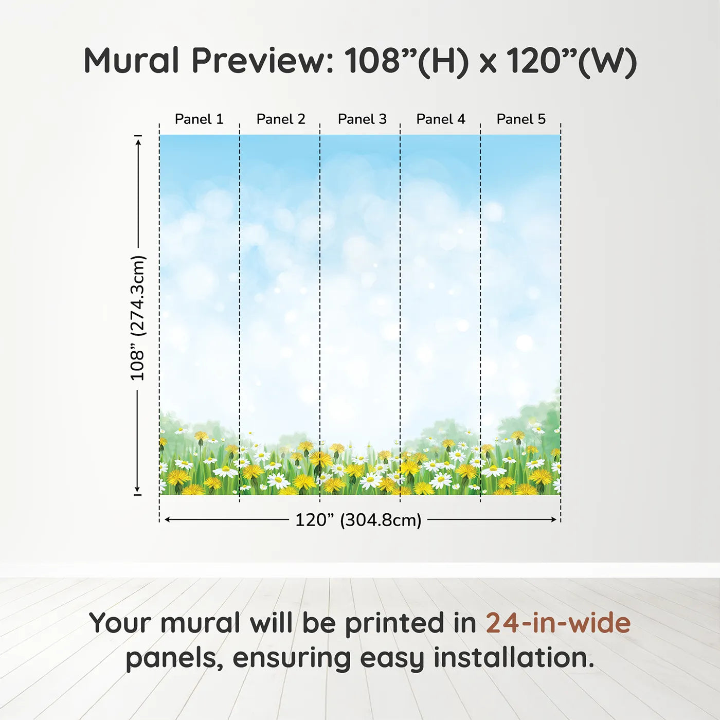 Whimsy Tots Dandelion Wishes Wall Mural in Greendimension view (108" H x 120" W). Printed in five 24-inch-wide panels. Gender-Neutral