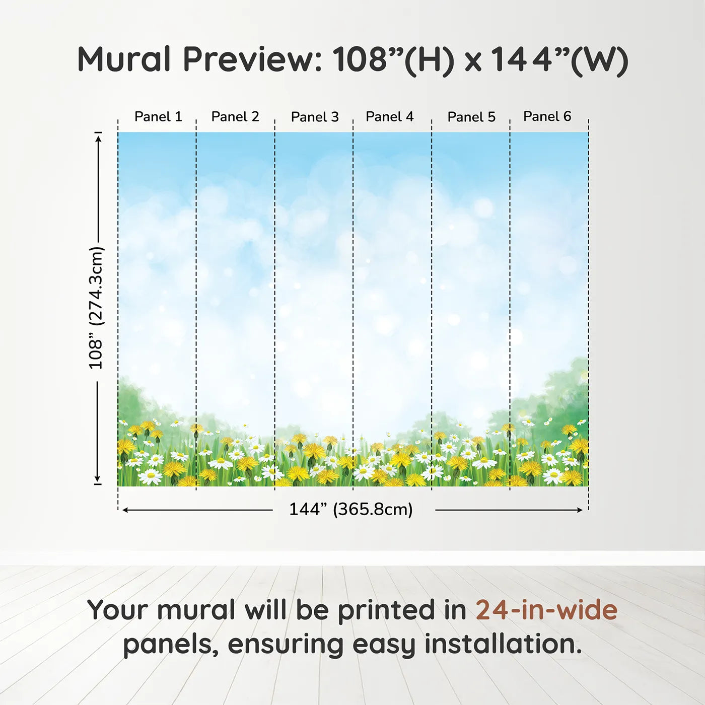 Whimsy Tots Dandelion Wishes Wall Mural in Greendimension view (108" H x 144" W). Printed in six 24-inch-wide panels. Gender-Neutral