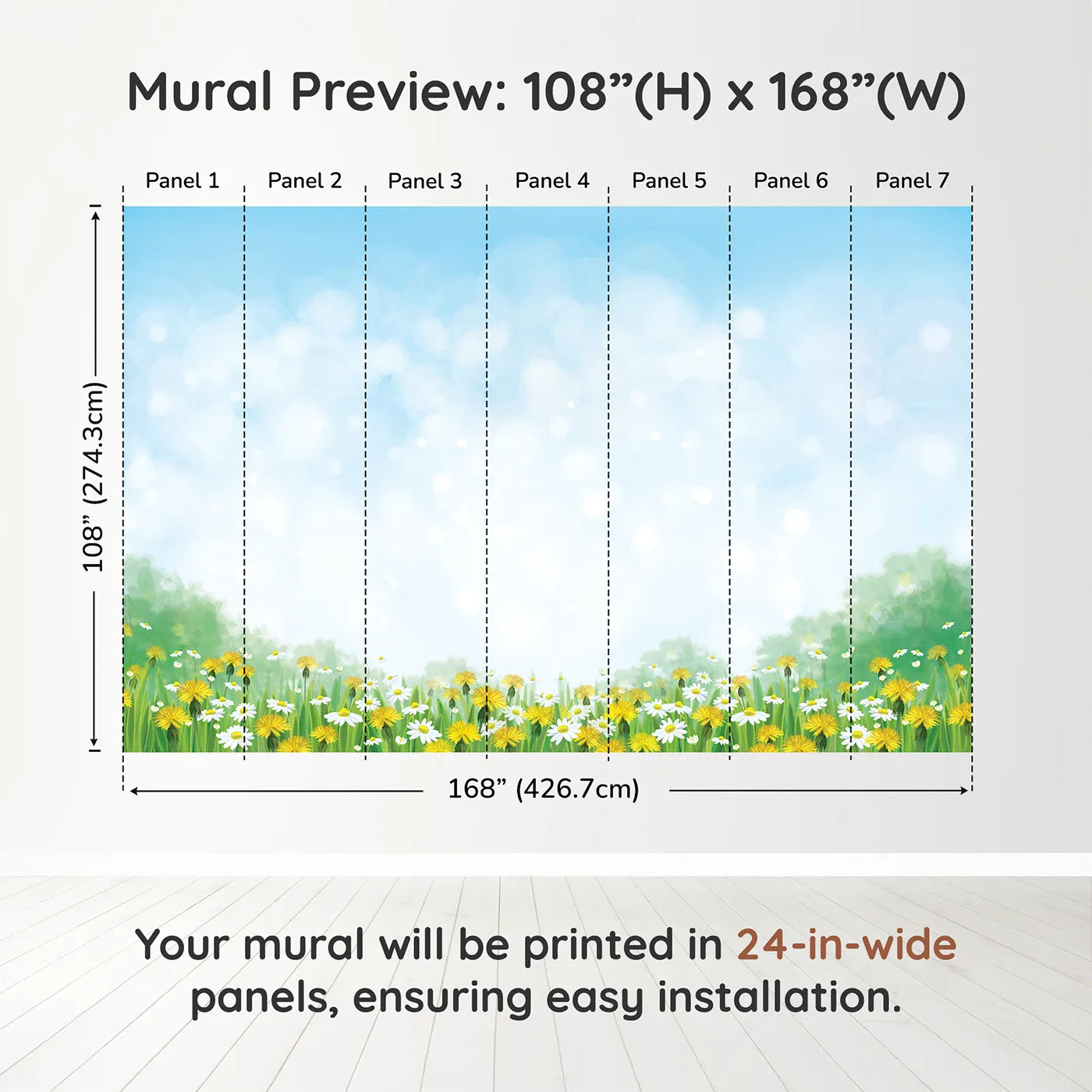 Whimsy Tots Dandelion Wishes Wall Mural in Greendimension view (108" H x 168" W). Printed in seven 24-inch-wide panels. Gender-Neutral