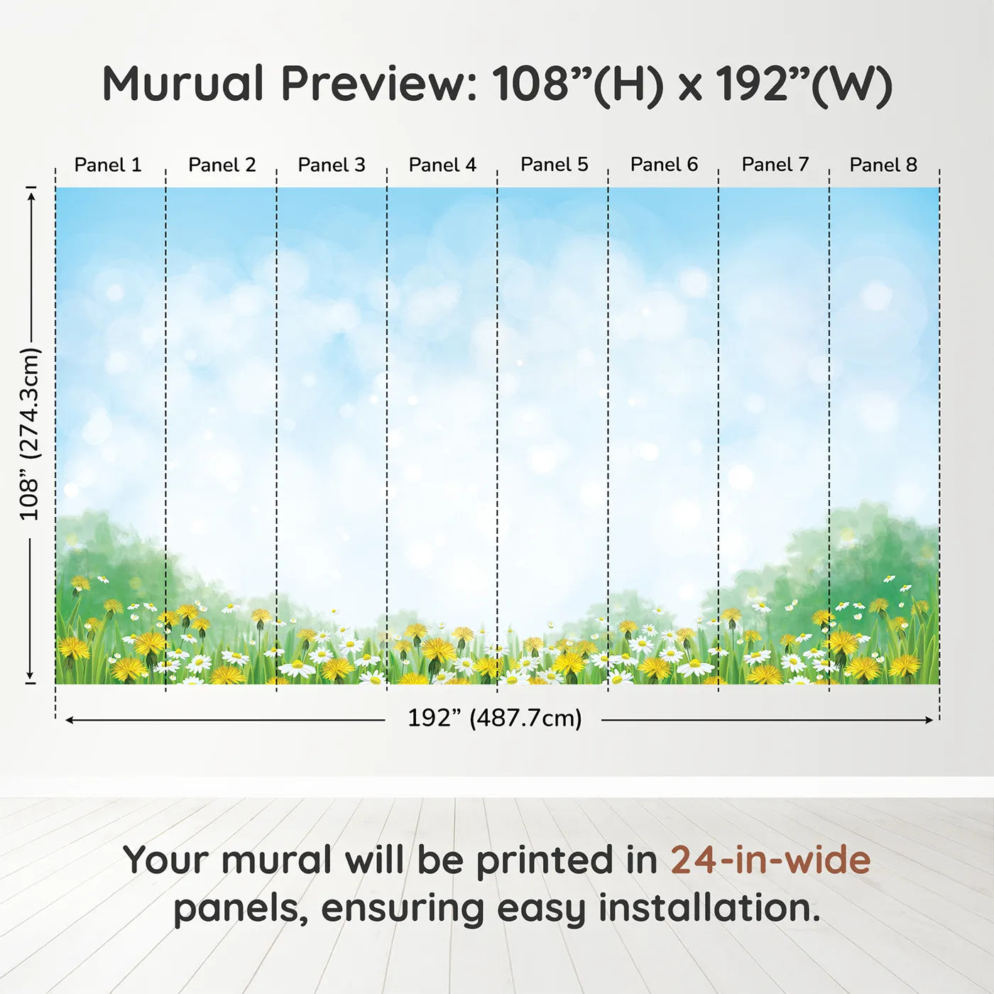 Whimsy Tots Dandelion Wishes Wall Mural in Greendimension view (108" H x 192" W). Printed in eight 24-inch-wide panels. Gender-Neutral
