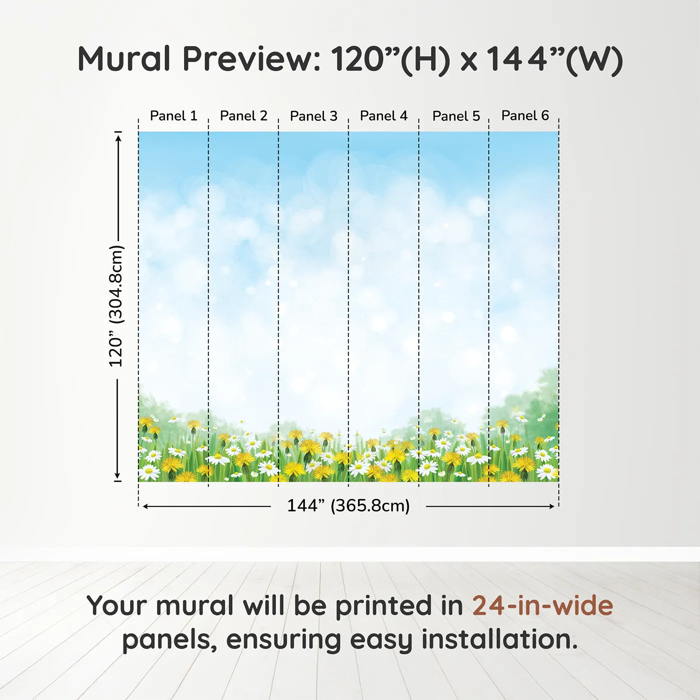 Whimsy Tots Dandelion Wishes Wall Mural in Greendimension view (120" H x 144" W). Printed in six 24-inch-wide panels. Gender-Neutral
