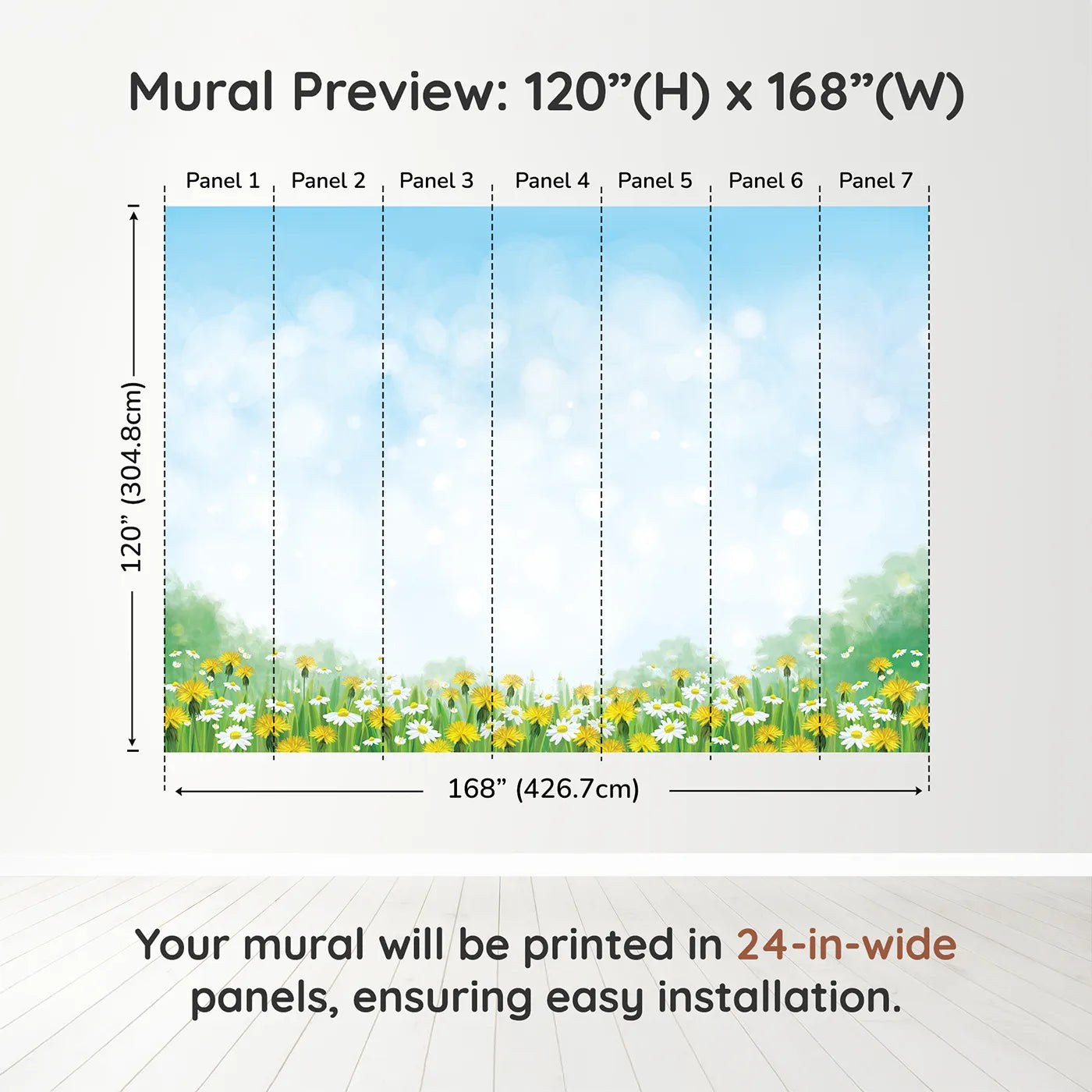 Whimsy Tots Dandelion Wishes Wall Mural in Greendimension view (120" H x 168" W). Printed in seven 24-inch-wide panels. Gender-Neutral