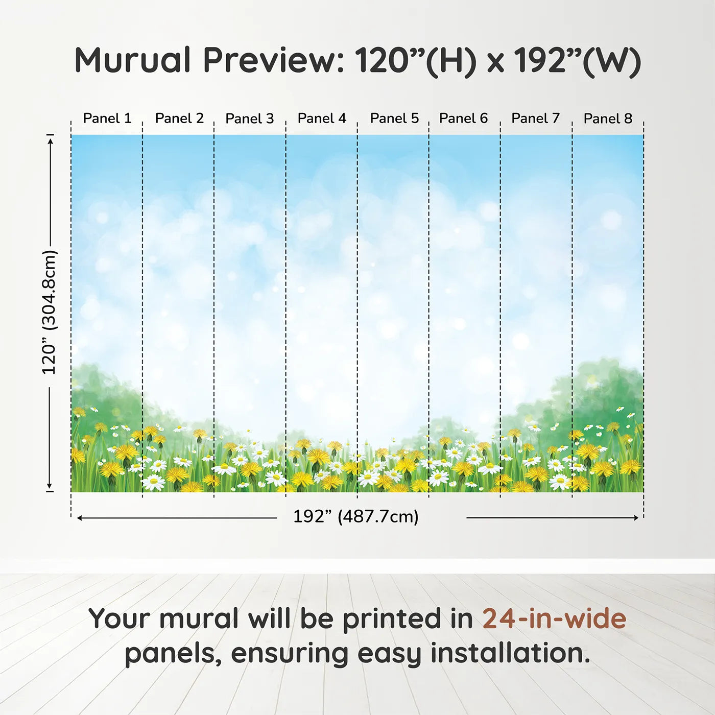 Whimsy Tots Dandelion Wishes Wall Mural in Greendimension view (120" H x 192" W). Printed in eight 24-inch-wide panels. Gender-Neutral