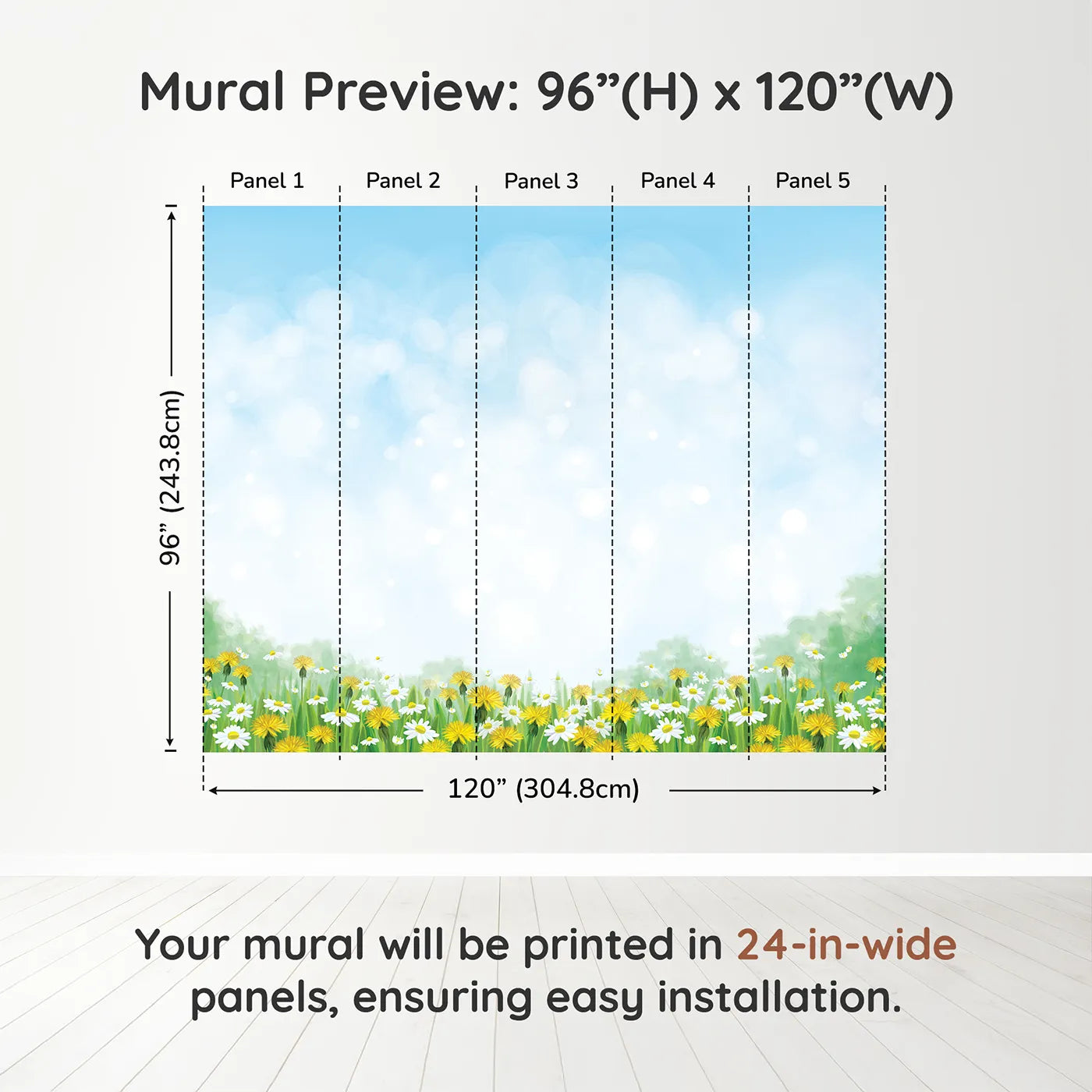 Whimsy Tots Dandelion Wishes Wall Mural in Greendimension view (96" H x 120" W). Printed in five 24-inch-wide panels. Gender-Neutral