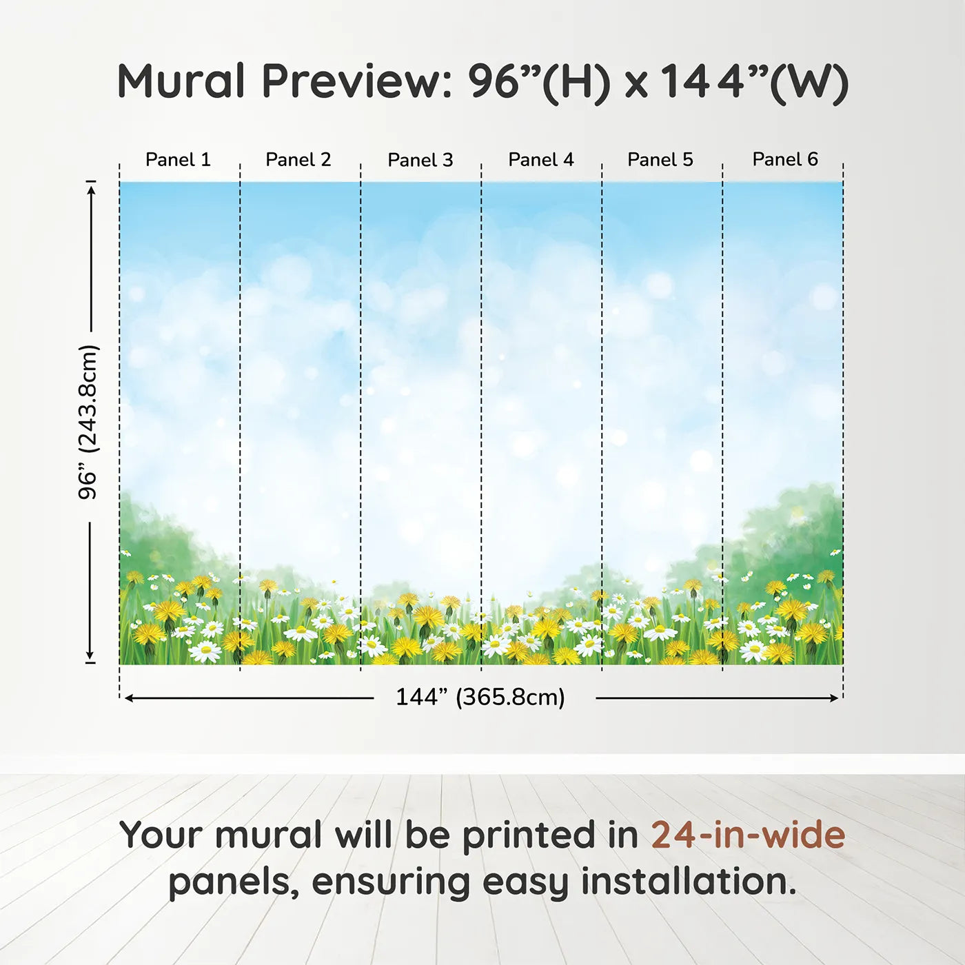 Whimsy Tots Dandelion Wishes Wall Mural in Greendimension view (96" H x 144" W). Printed in six 24-inch-wide panels. Gender-Neutral