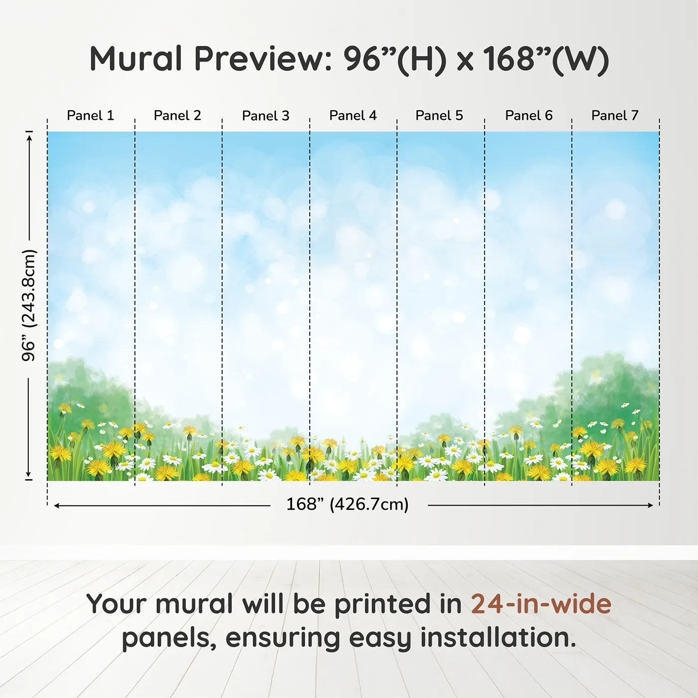 Whimsy Tots Dandelion Wishes Wall Mural in Greendimension view (96" H x 168" W). Printed in seven 24-inch-wide panels. Gender-Neutral