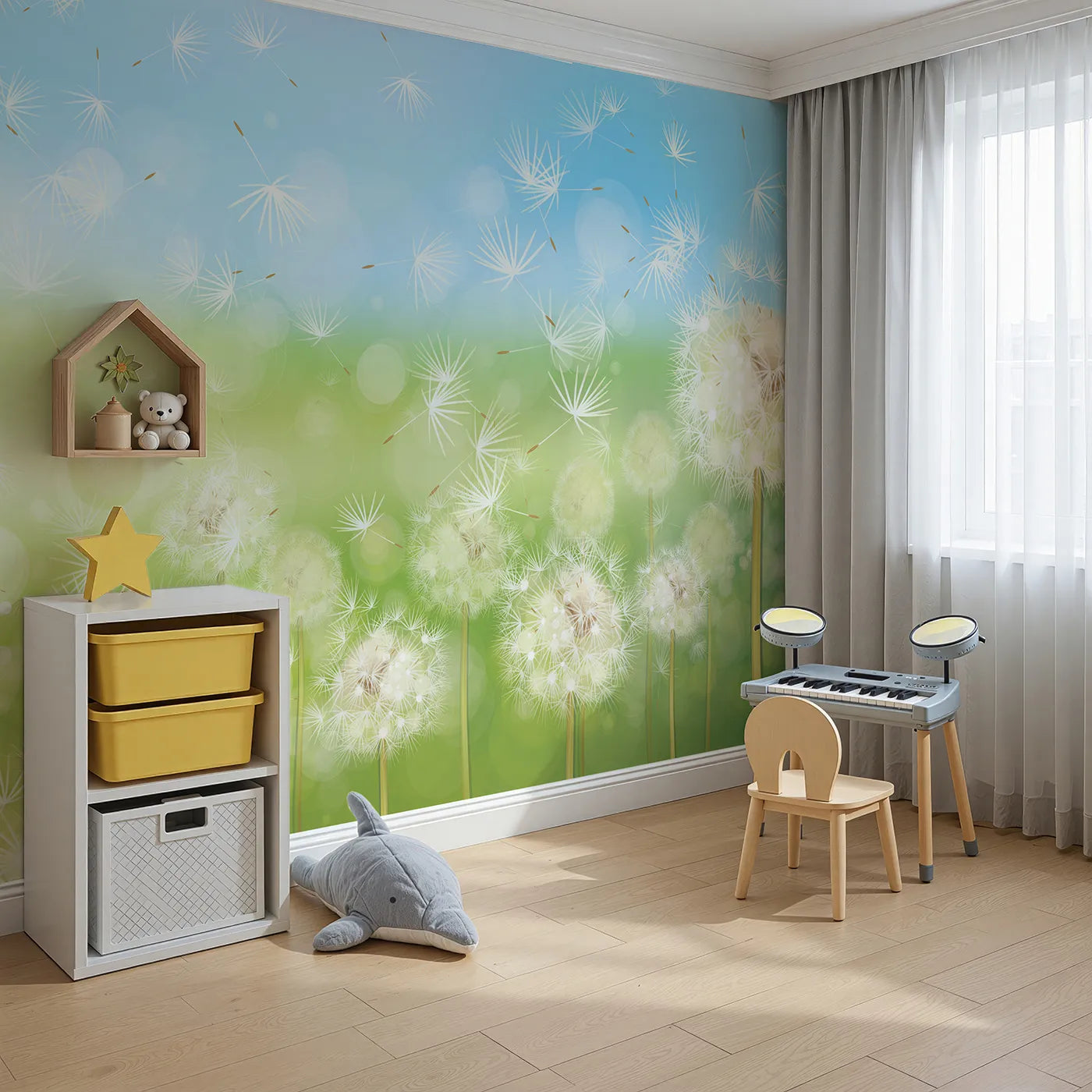 Angled view of Whimsy Tots' Animal World Map Wall Mural in Teal (Turn Their Room into a Fun and Friendly Global Tour).Gender-Neutral