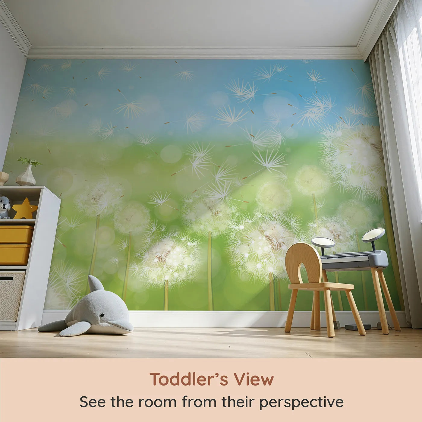 Whimsy Tots Animal World Map Wall Mural in Teal (Turn Their Room into a Fun and Friendly Global Tour) from your child's view.Gender-Neutral