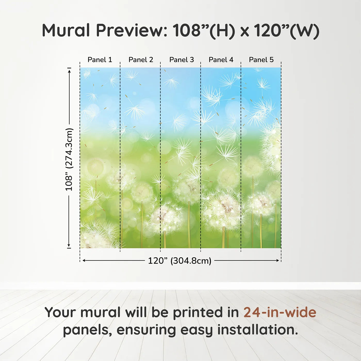 Whimsy Tots Animal World Map Wall Mural in Tealdimension view (108" H x 120" W). Printed in five 24-inch-wide panels. Gender-Neutral
