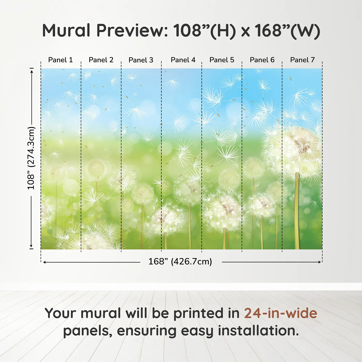 Whimsy Tots Animal World Map Wall Mural in Tealdimension view (108" H x 168" W). Printed in seven 24-inch-wide panels. Gender-Neutral