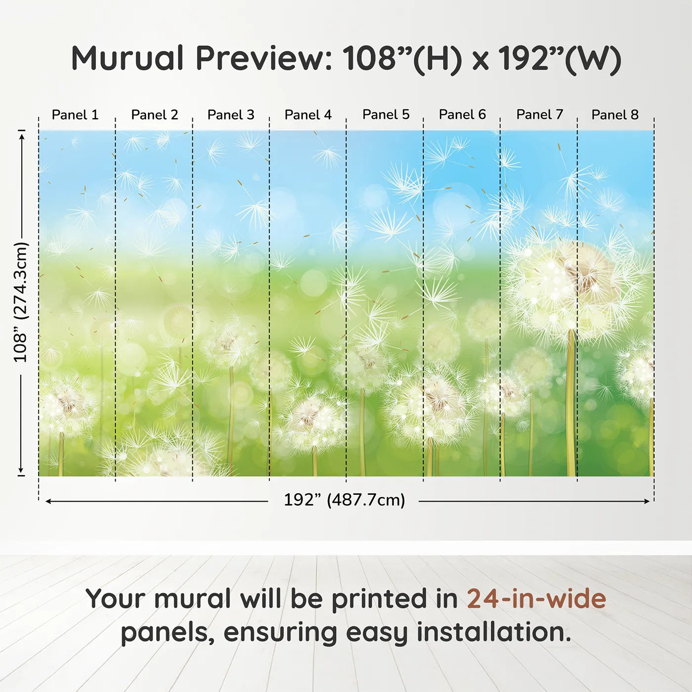 Whimsy Tots Animal World Map Wall Mural in Tealdimension view (108" H x 192" W). Printed in eight 24-inch-wide panels. Gender-Neutral