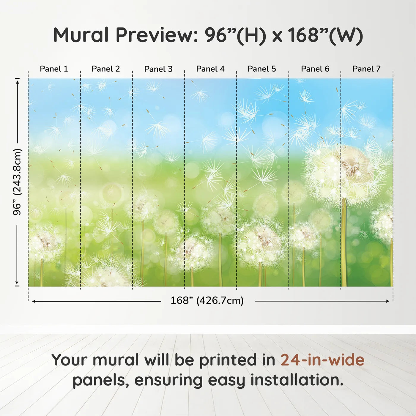 Whimsy Tots Animal World Map Wall Mural in Tealdimension view (96" H x 168" W). Printed in seven 24-inch-wide panels. Gender-Neutral