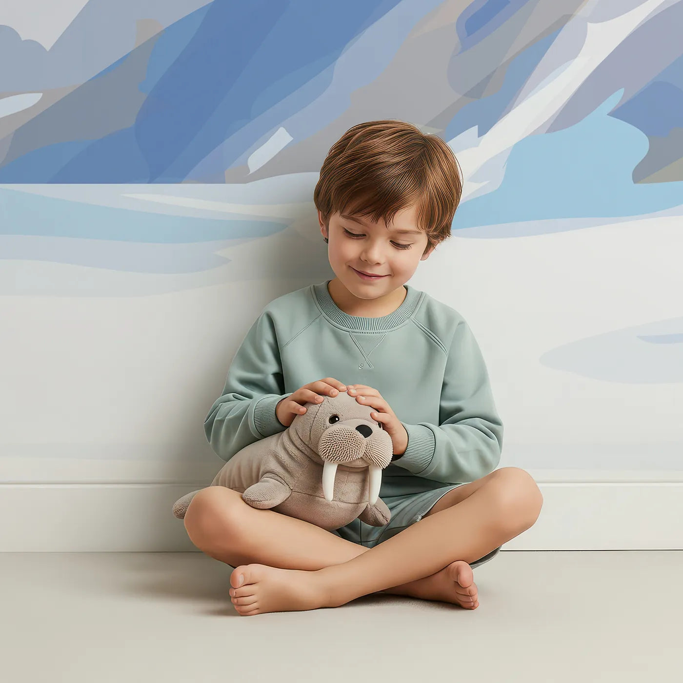 Child in front of Whimsy Tots Sunny Mountain Peak Wall Mural with mountain, snow, landscape, sun, blue, peak, graphic, modern in design.