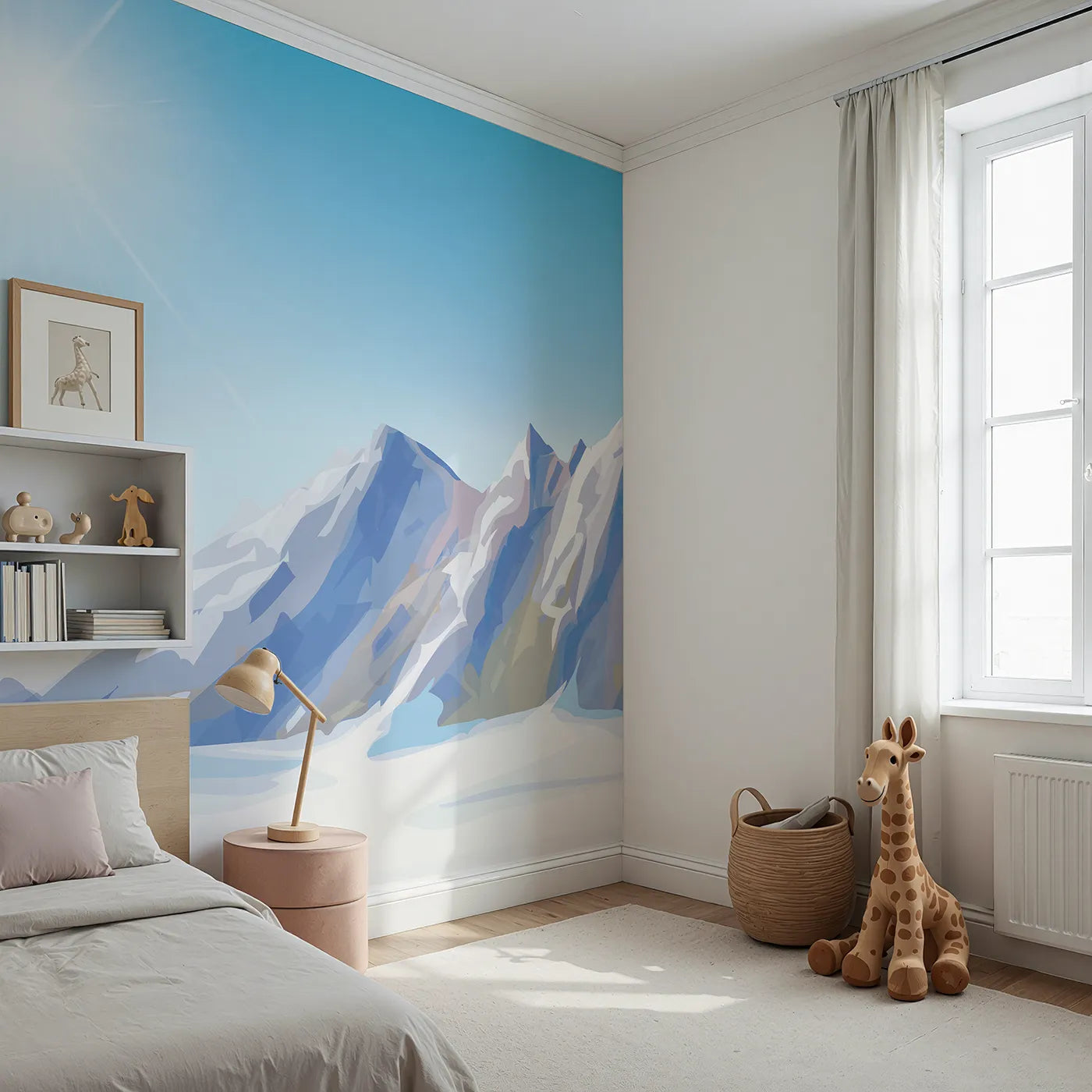 Angled view of Whimsy Tots' Sunny Mountain Peak Wall Mural (Turn Their Room into a Grand and Crisp Alpine Vista).Gender-Neutral