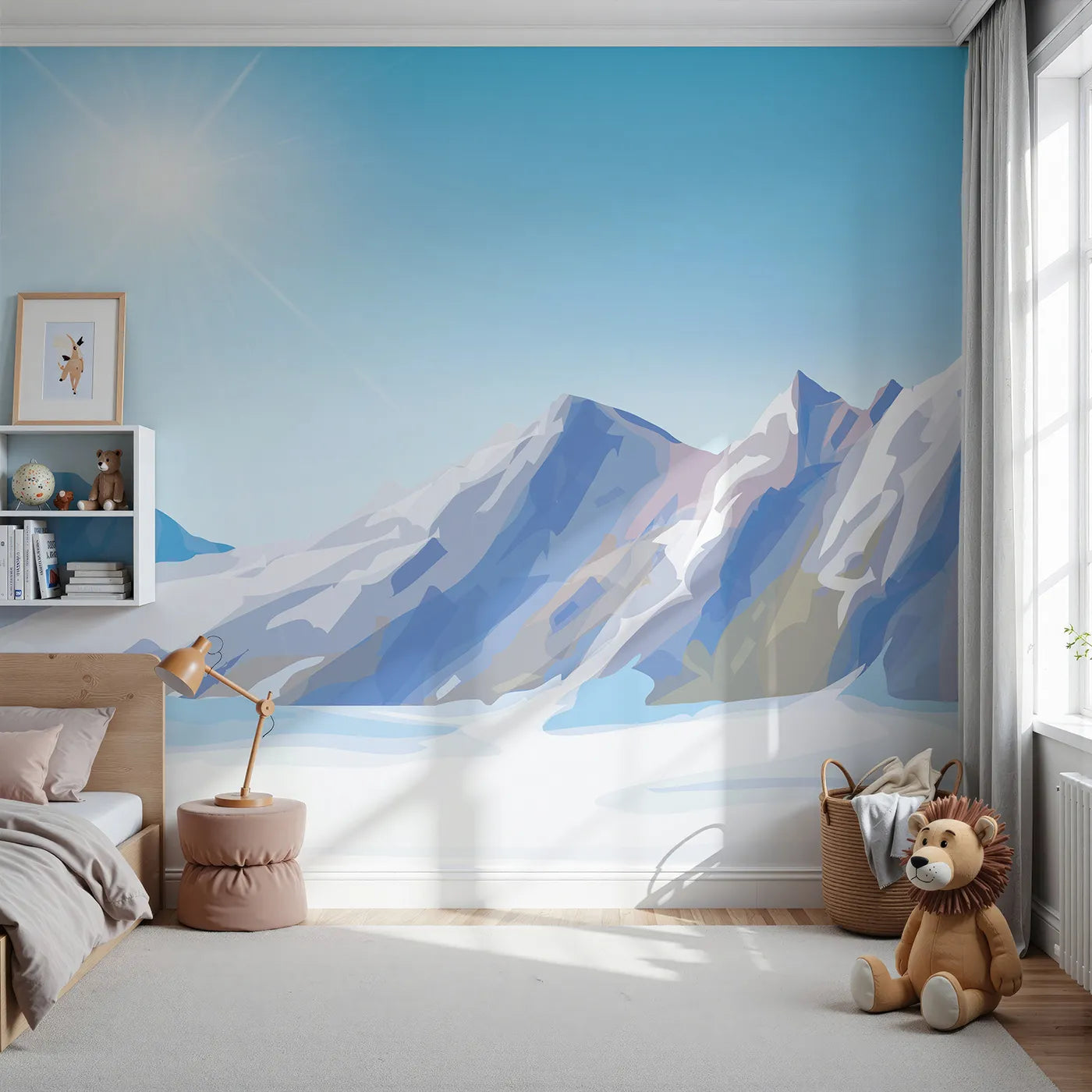 Front view of Whimsy Tots' Sunny Mountain Peak Wall Mural