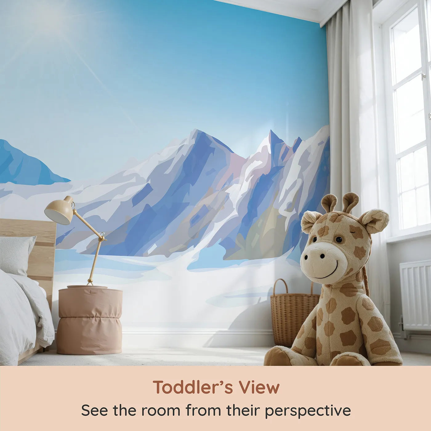 Whimsy Tots Sunny Mountain Peak Wall Mural (Turn Their Room into a Grand and Crisp Alpine Vista) from your child's view.Gender-Neutral