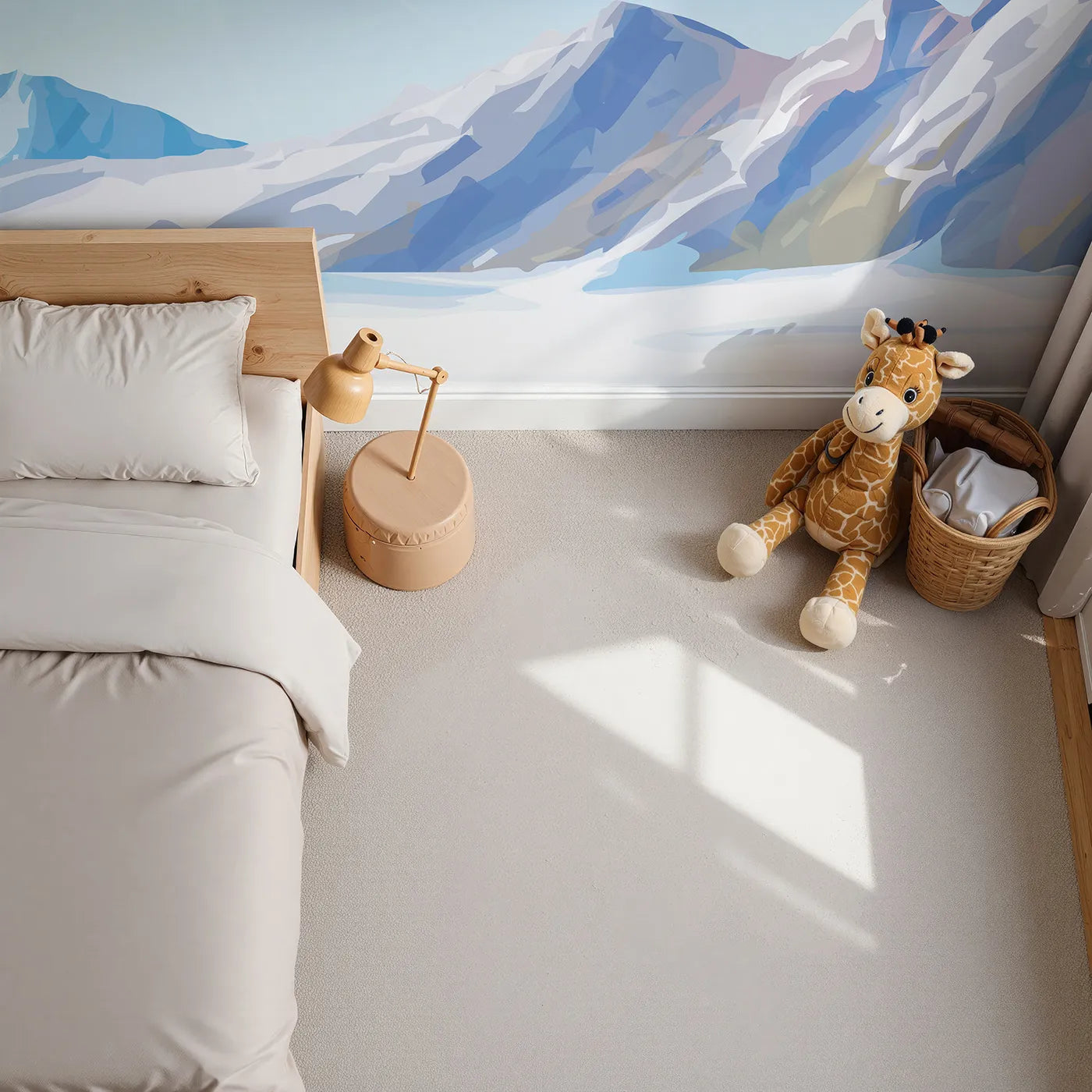 Top-down view of Whimsy Tots' Sunny Mountain Peak Wall Mural (Turn Their Room into a Grand and Crisp Alpine Vista).Gender-Neutral