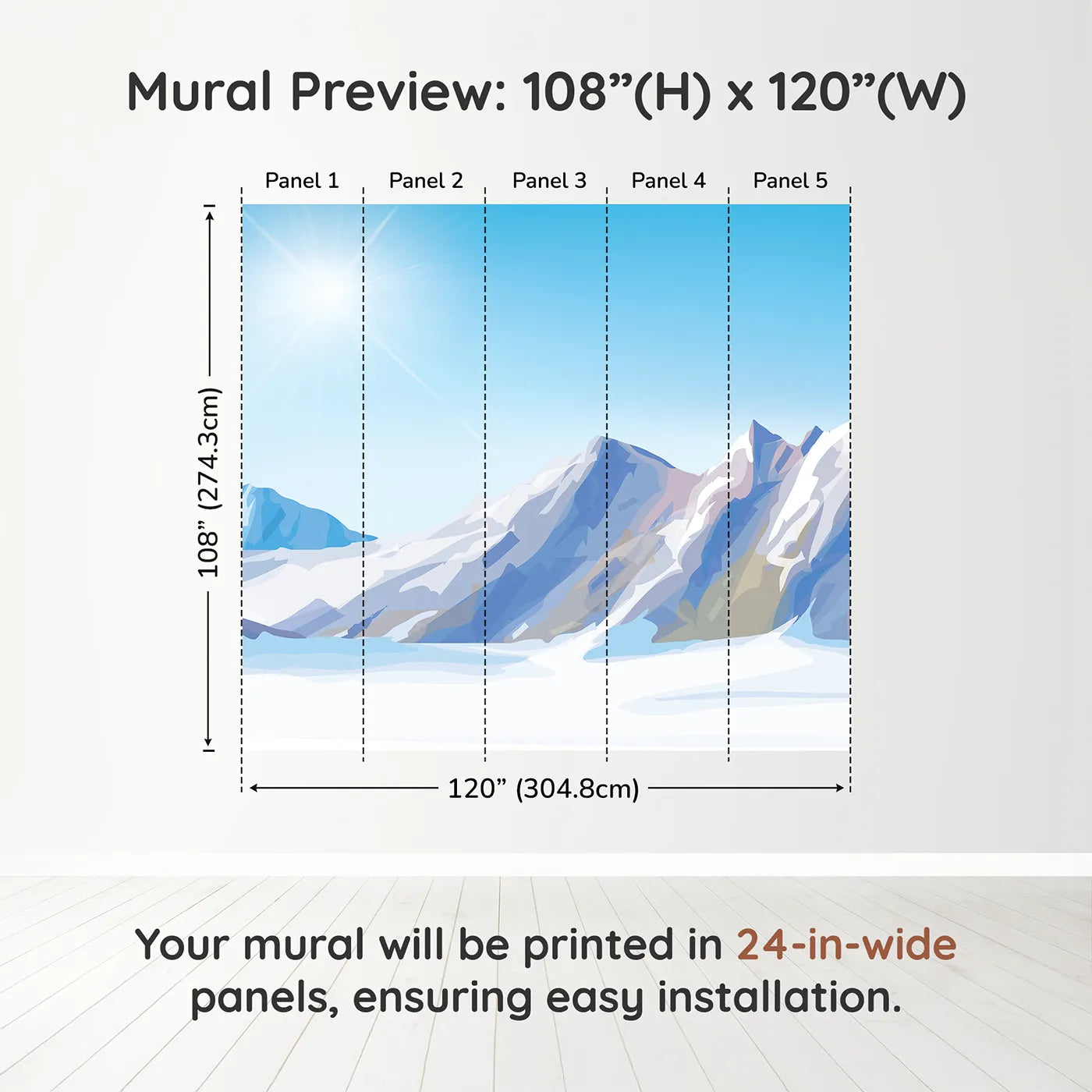 Whimsy Tots Sunny Mountain Peak Wall Muraldimension view (108" H x 120" W). Printed in five 24-inch-wide panels. Gender-Neutral