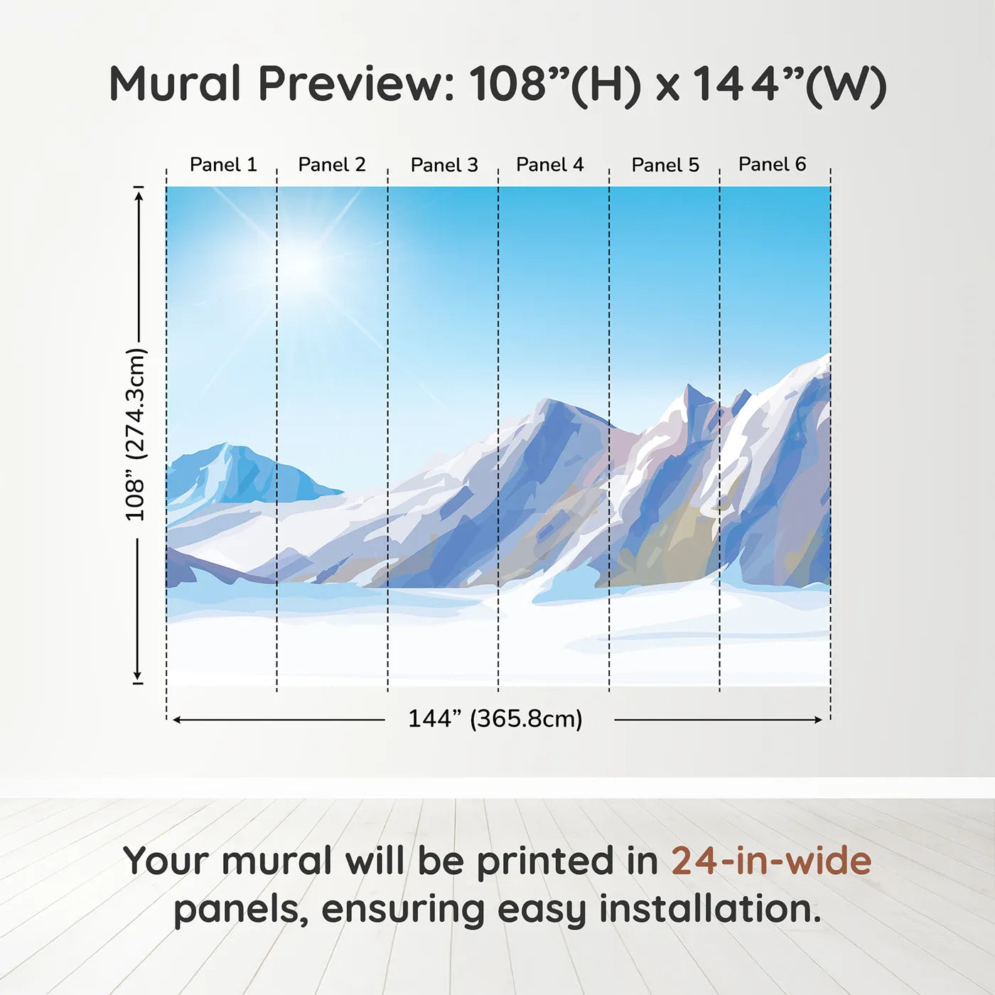 Whimsy Tots Sunny Mountain Peak Wall Muraldimension view (108" H x 144" W). Printed in six 24-inch-wide panels. Gender-Neutral