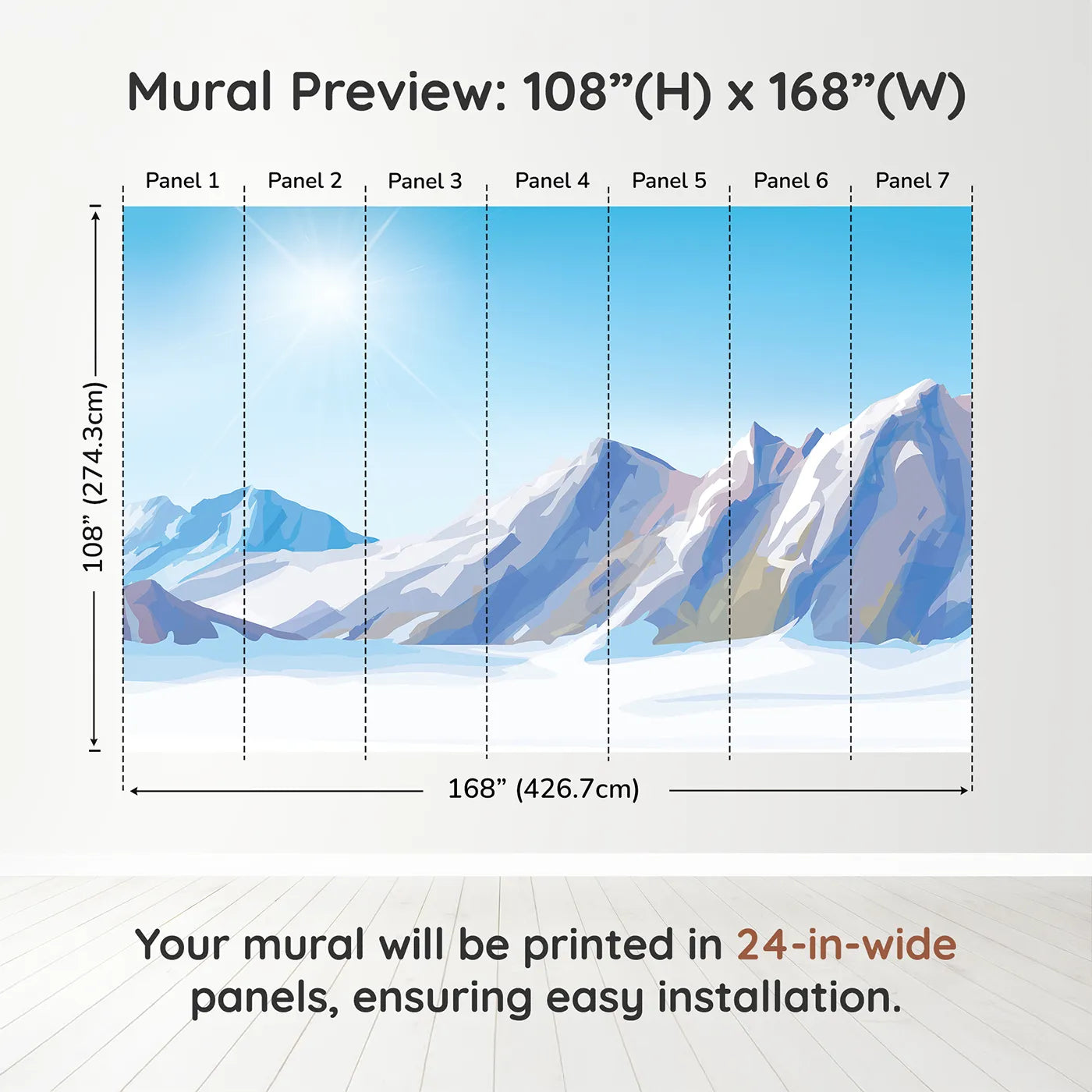 Whimsy Tots Sunny Mountain Peak Wall Muraldimension view (108" H x 168" W). Printed in seven 24-inch-wide panels. Gender-Neutral