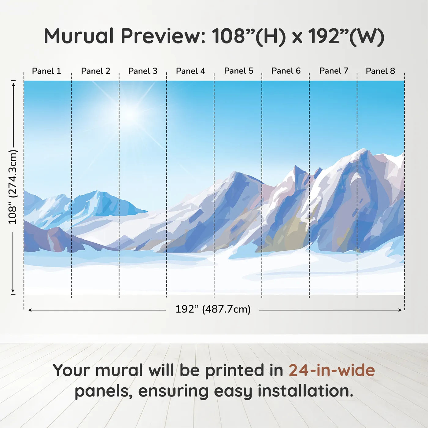 Whimsy Tots Sunny Mountain Peak Wall Muraldimension view (108" H x 192" W). Printed in eight 24-inch-wide panels. Gender-Neutral